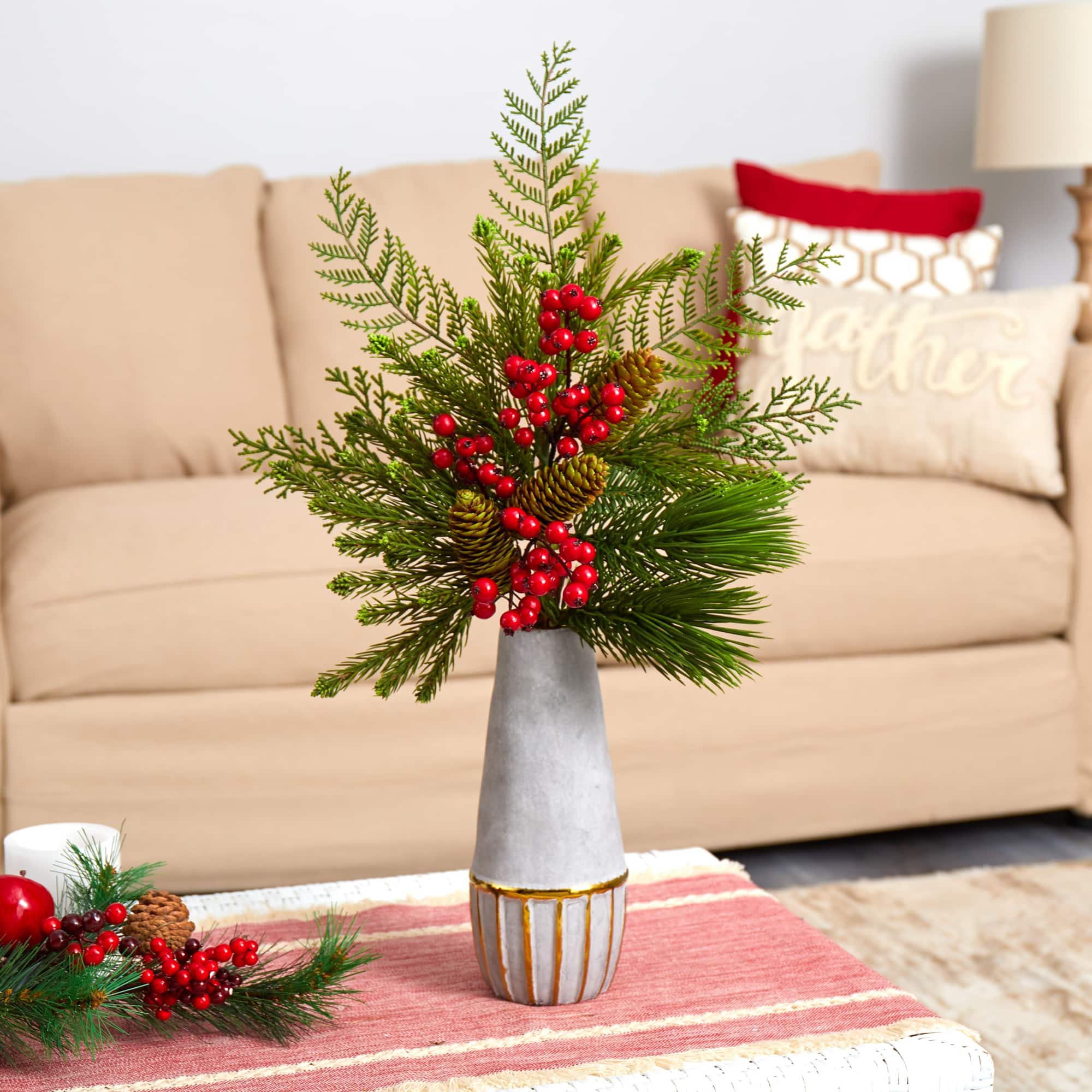 24&#x22; Mixed Pine, Pinecone &#x26; Berry Arrangement in Stoneware Vase