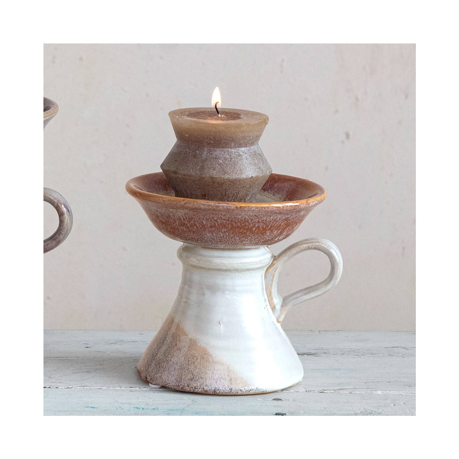 Hello Honey® 5.5" Cream & Brown Stoneware Pillar Candle Holder with Handle