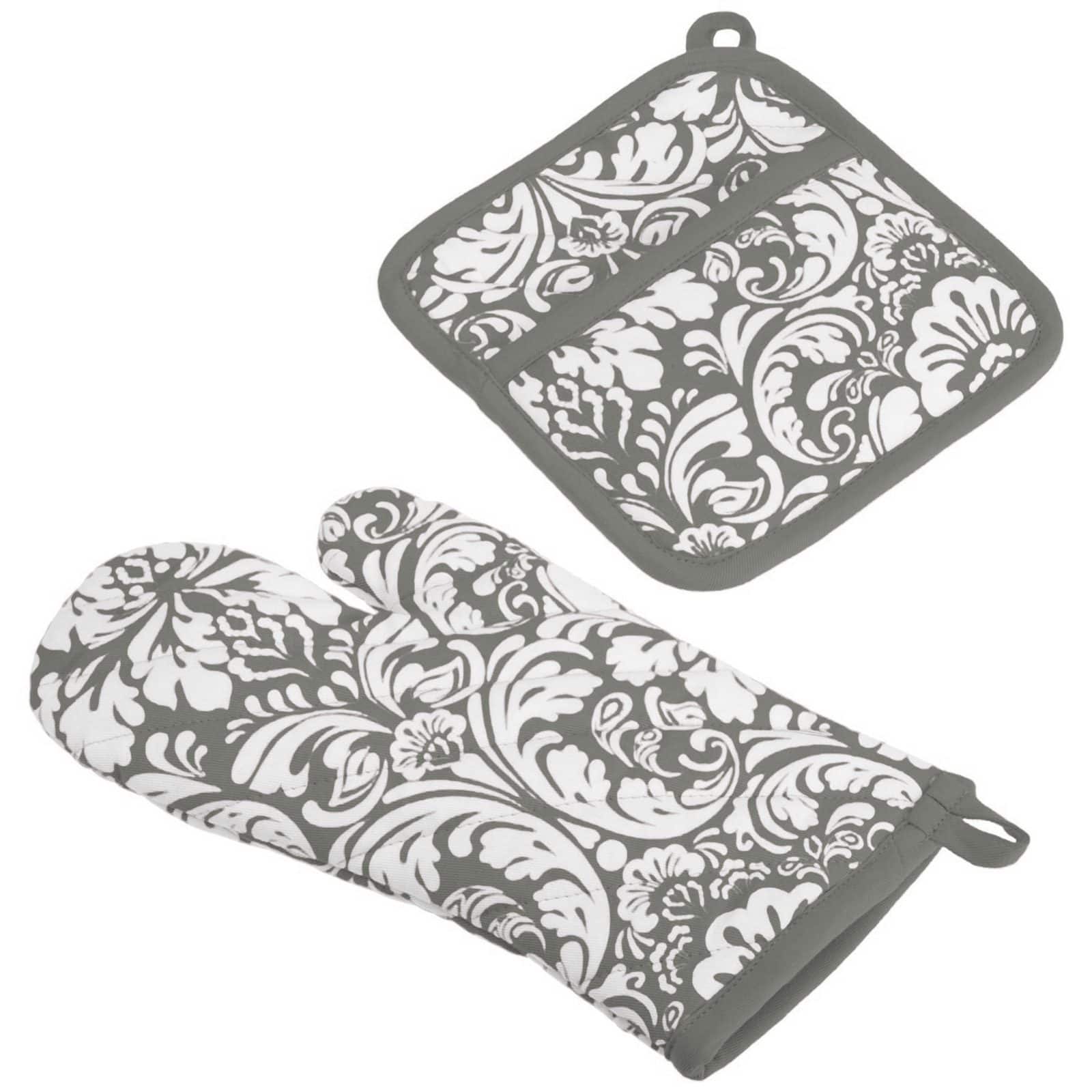 DII® Gray Damask Oven Mitt & Potholder Set