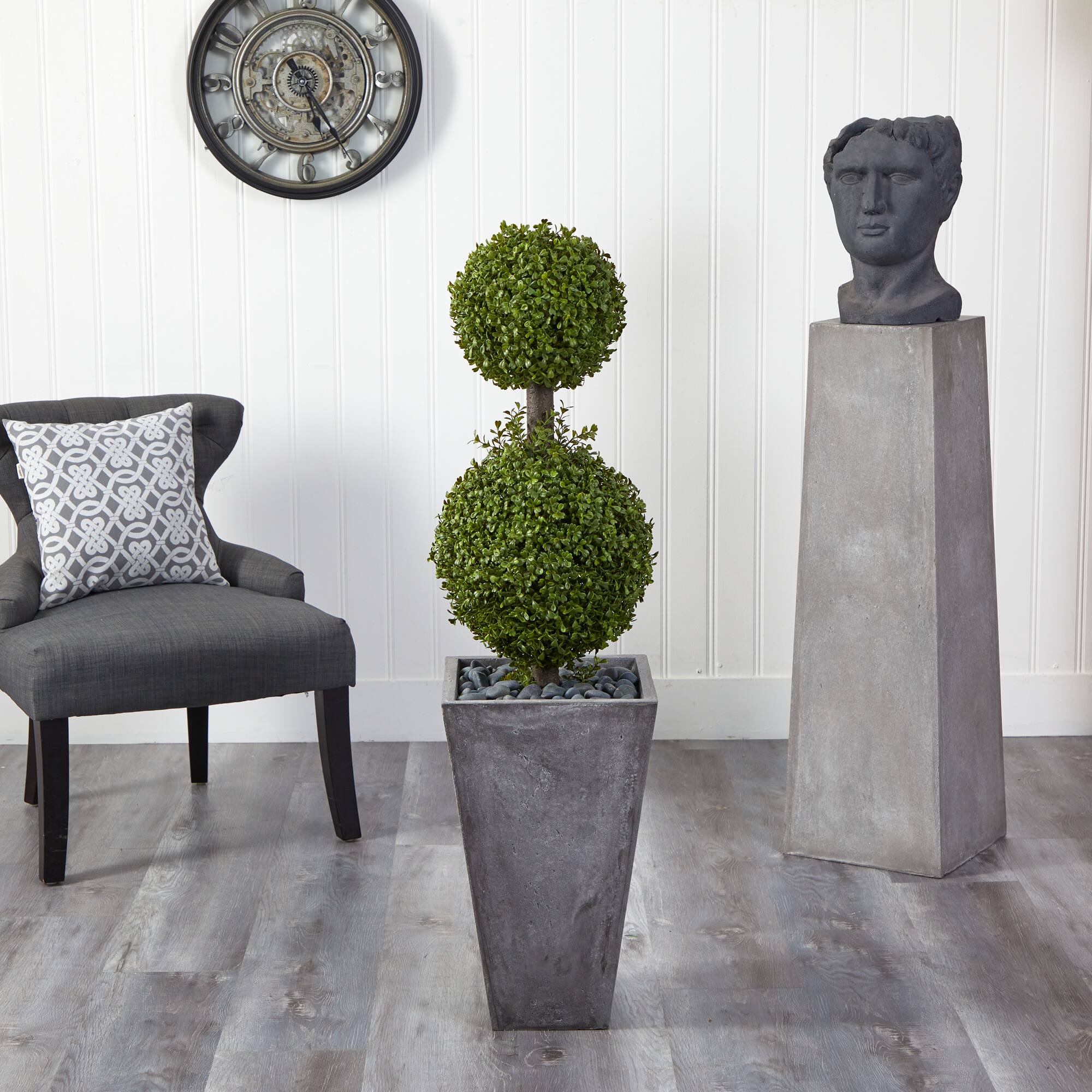 4ft. Double Boxwood Topiary Tree in Cement Planter