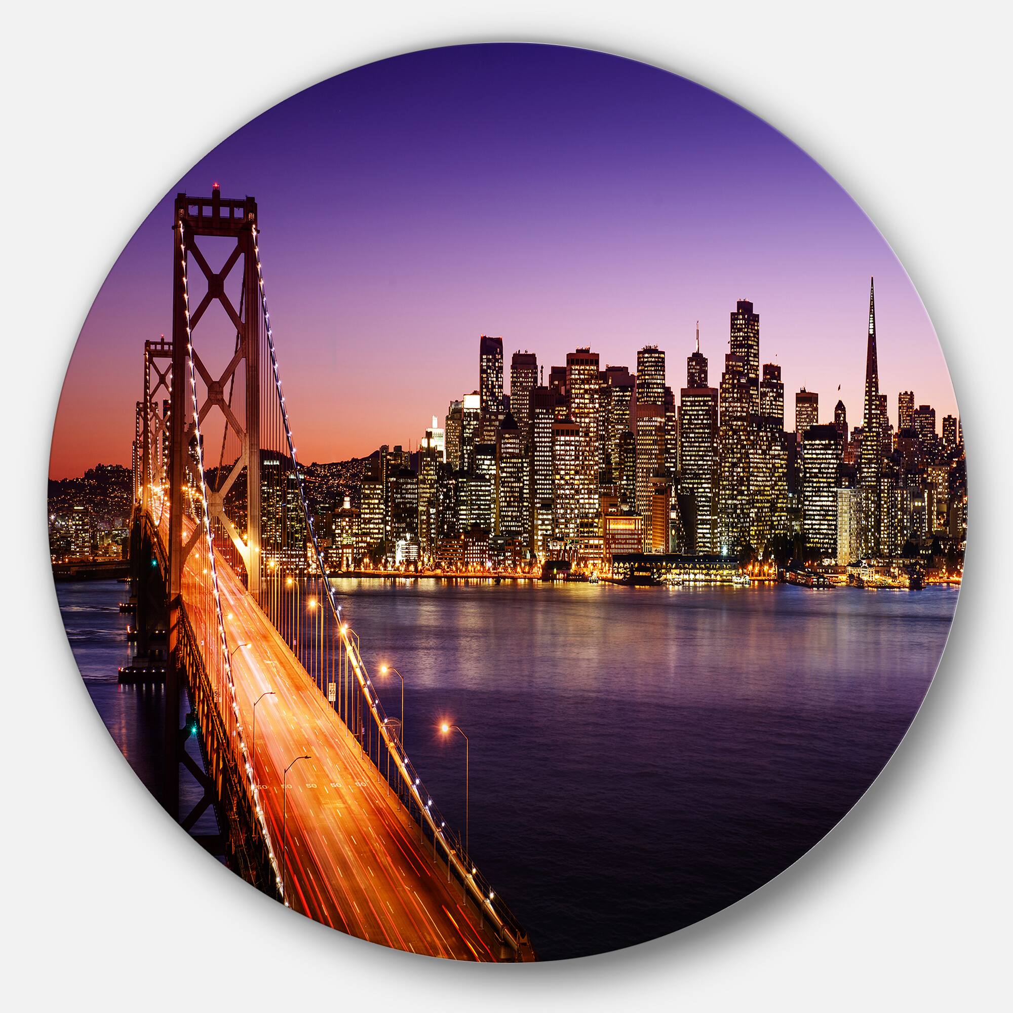 Designart - San Francisco skyline and Bay Bridge' Ultra Glossy Sea Bridge Metal Circle Wall Art