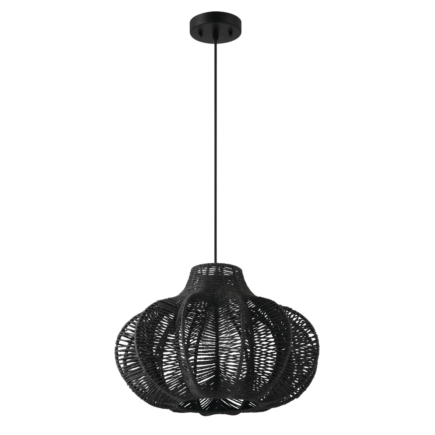 Hello Honey® 17.75" Black Boho Handwoven Paper Rope & Metal Ceiling Pendant Lamp