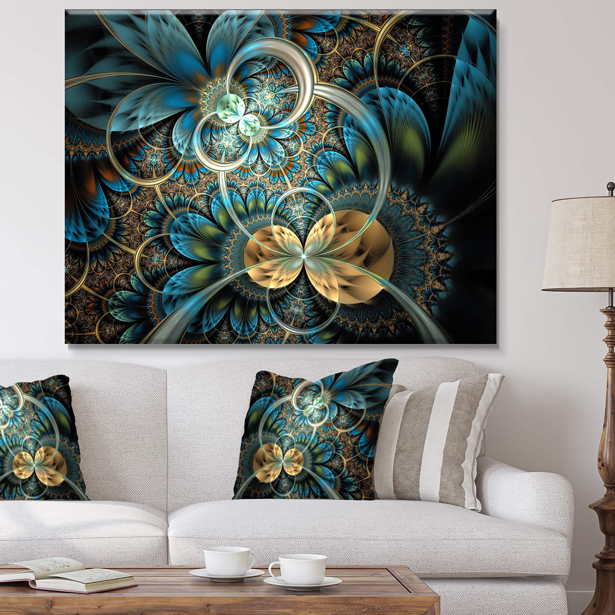 Designart - Symmetrical Blue Gold Fractal Flower - Abstract Print On Canvas