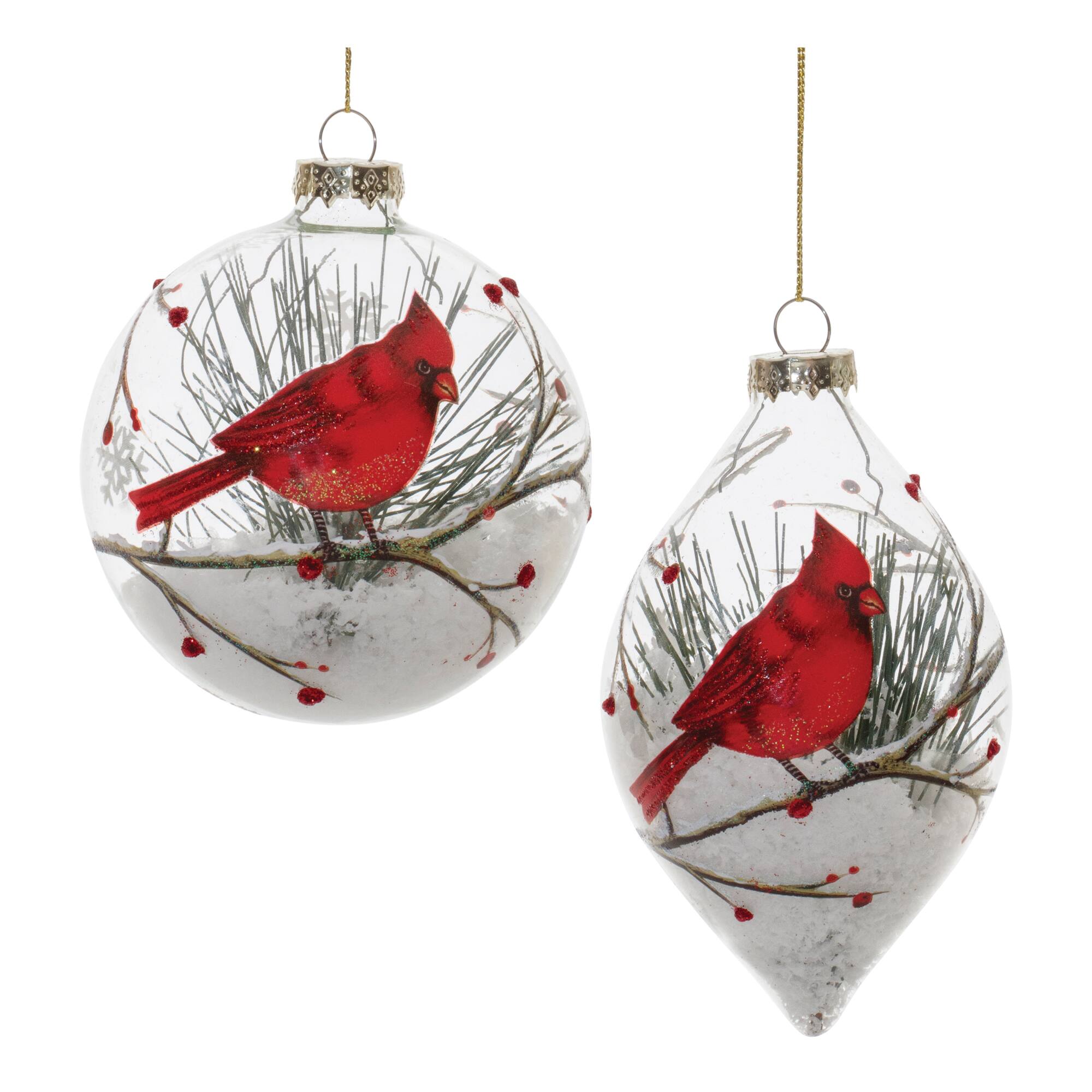 Glittered Glass Cardinal Ornament with Snow & Pine Filler Set