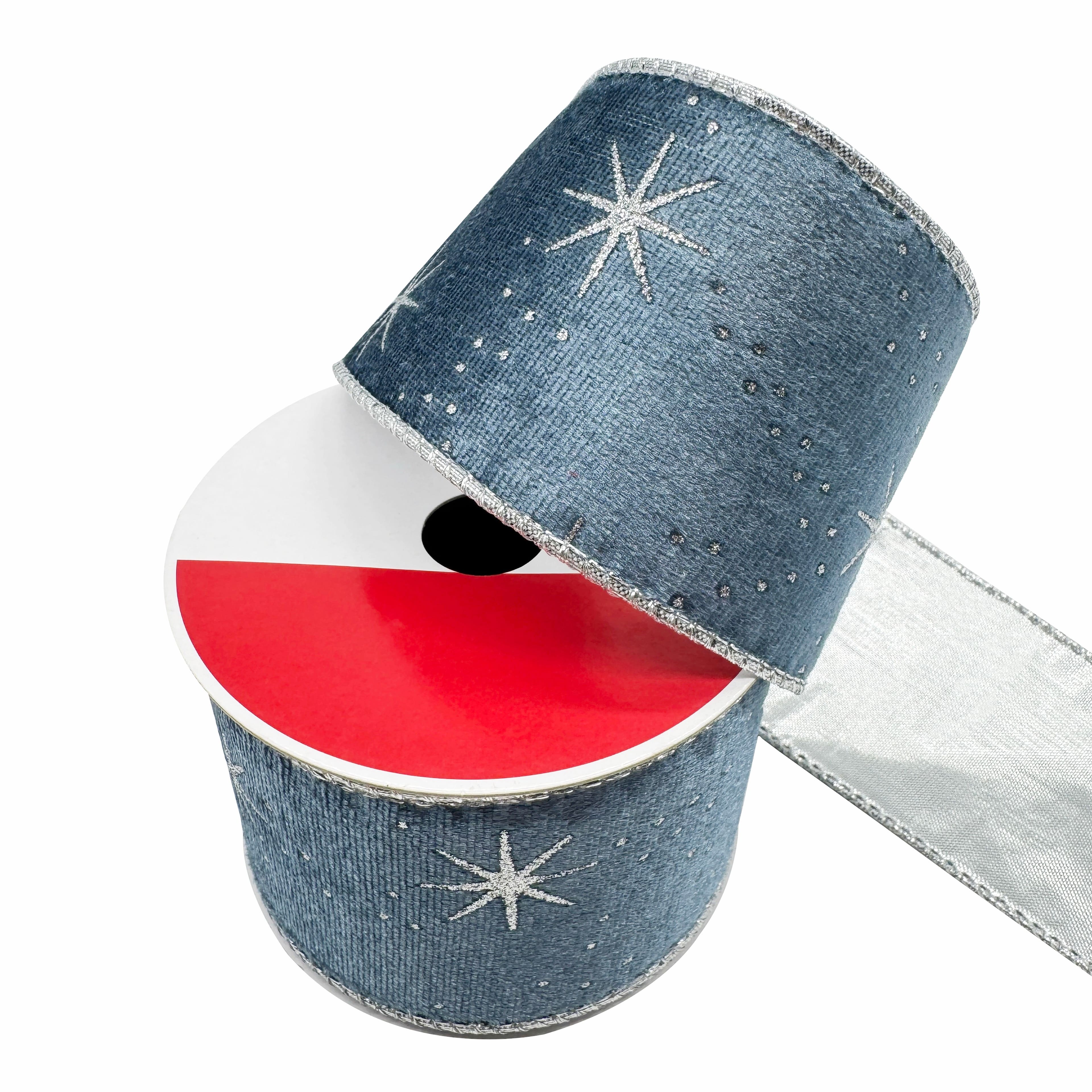 2.5&#x22; x 20ft. Silver Starburst on Blue Wired Velvet Ribbon by Celebrate It&#xAE;