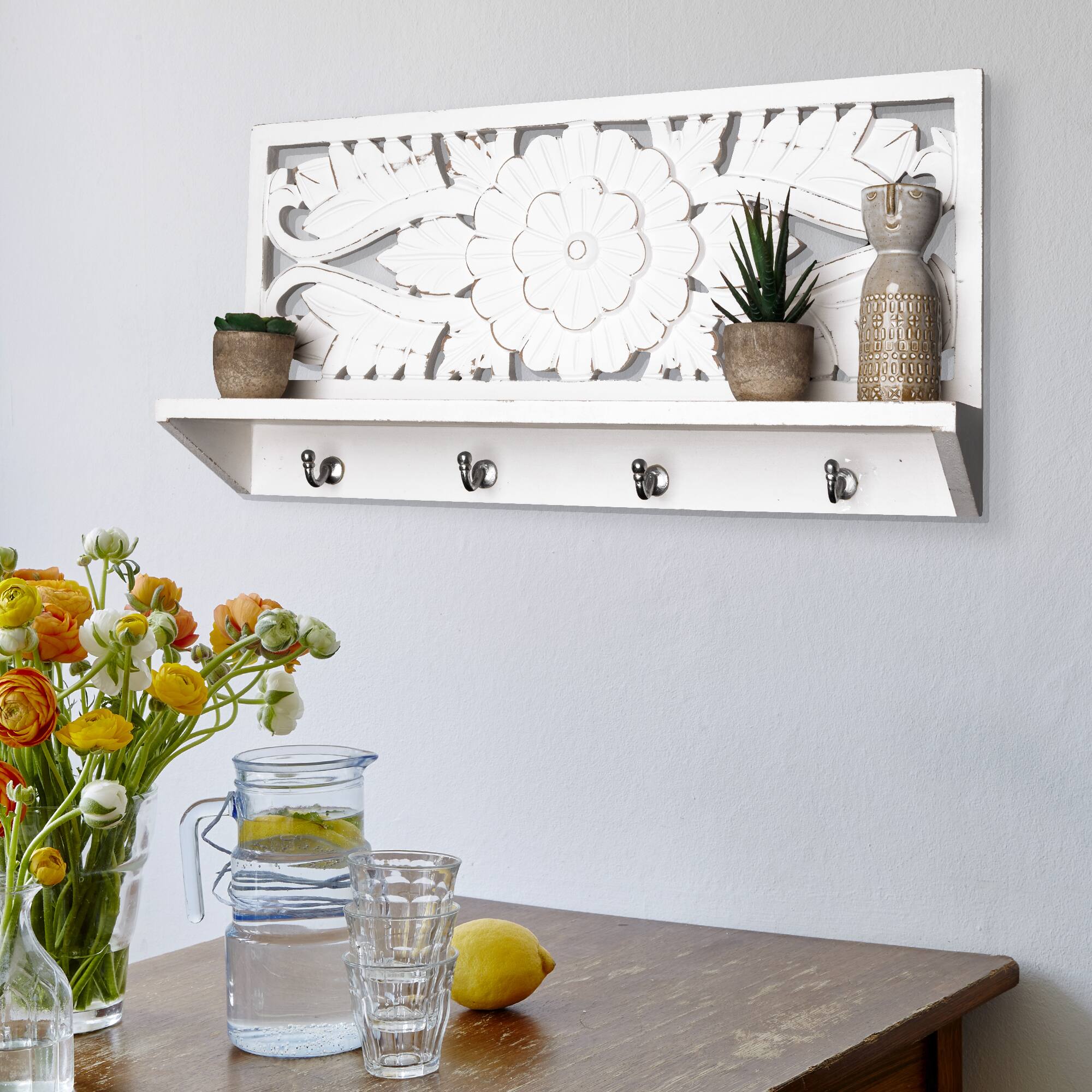 24&#x22; White Carved Wooden Wall Shelf &#x26; Coat Rack
