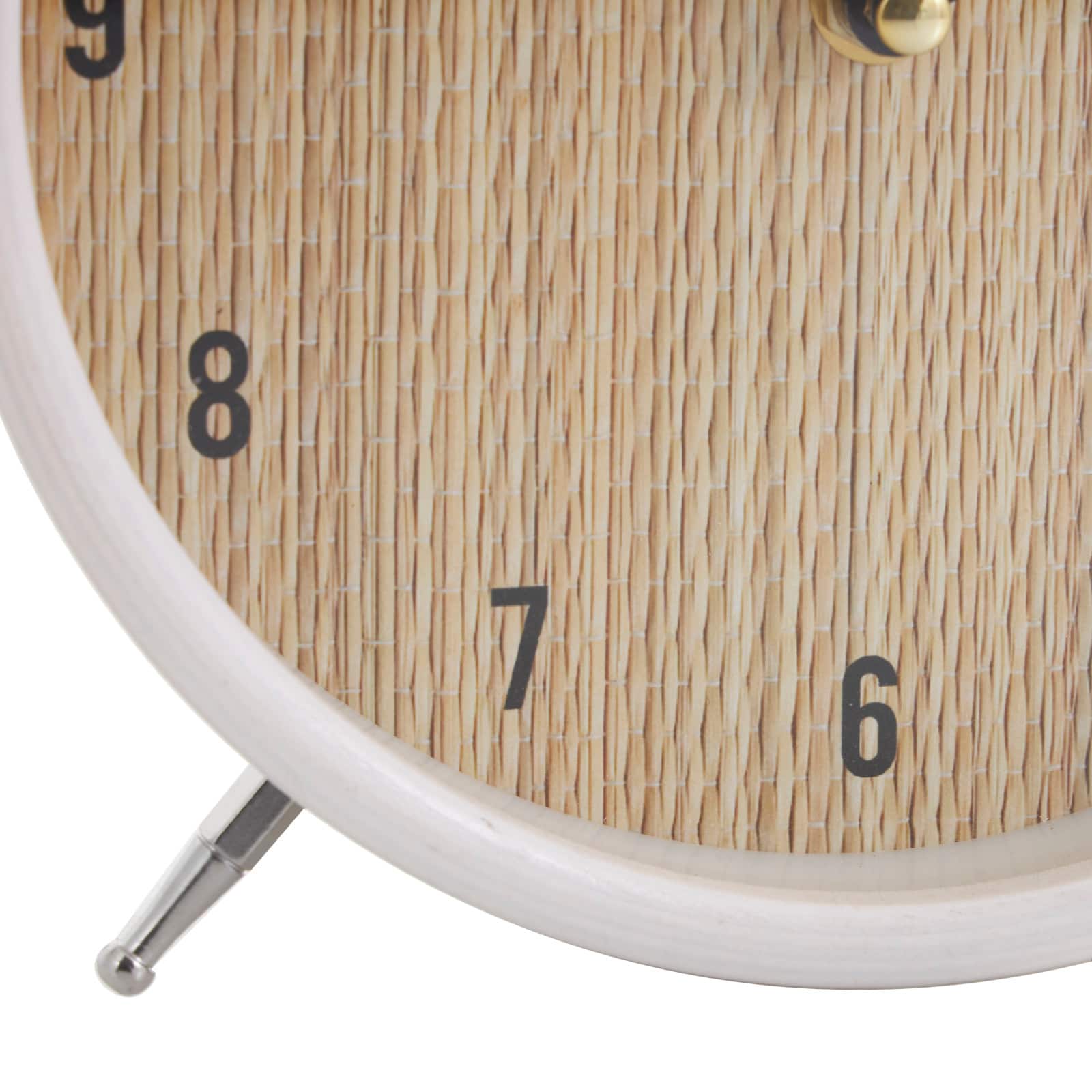 7&#x22; Light Brown Wood Woven Clock with White Frame &#x26; Silver Legs