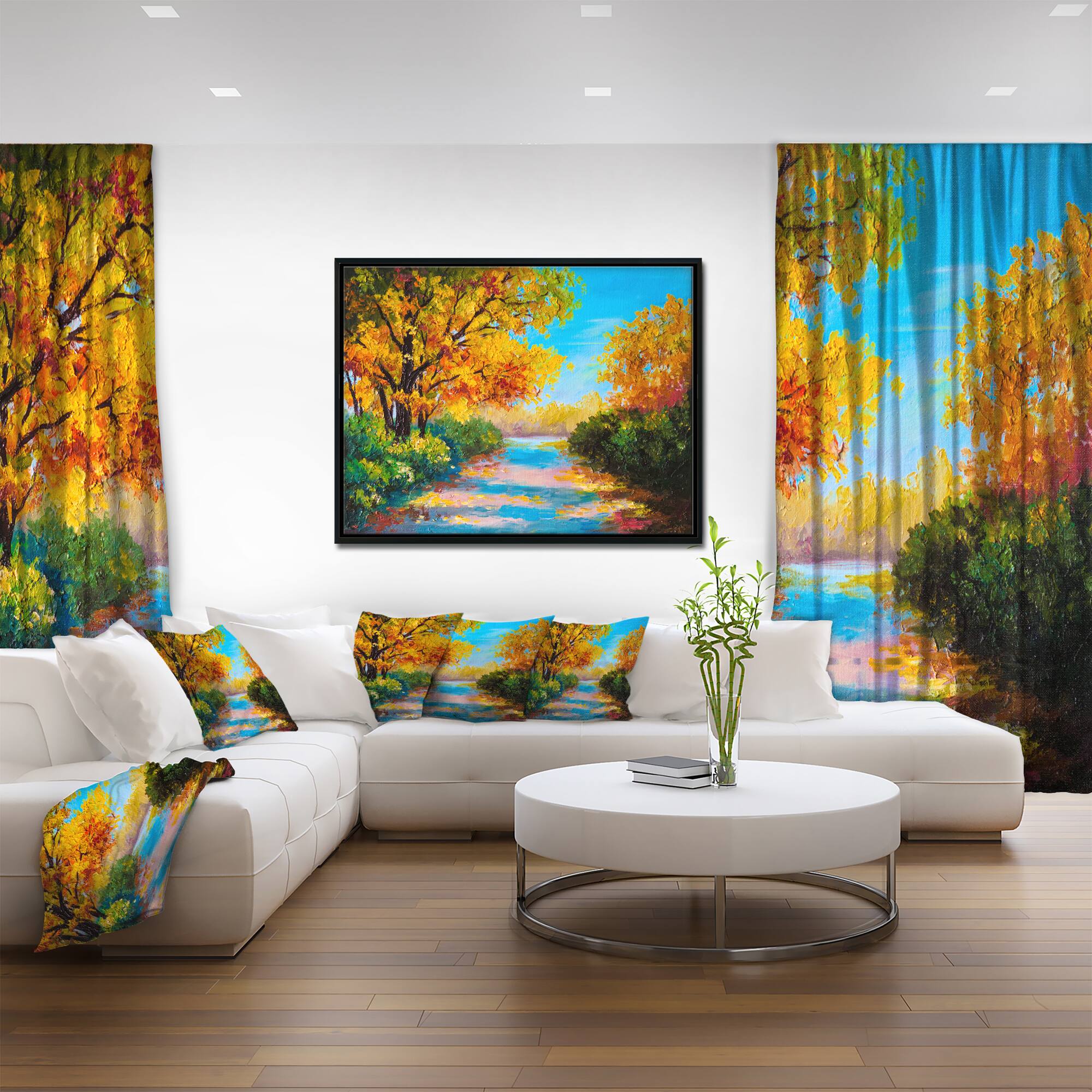 Designart - Autumn Forest with Colorful River - Landscape Art Print Canvas in Black Frame