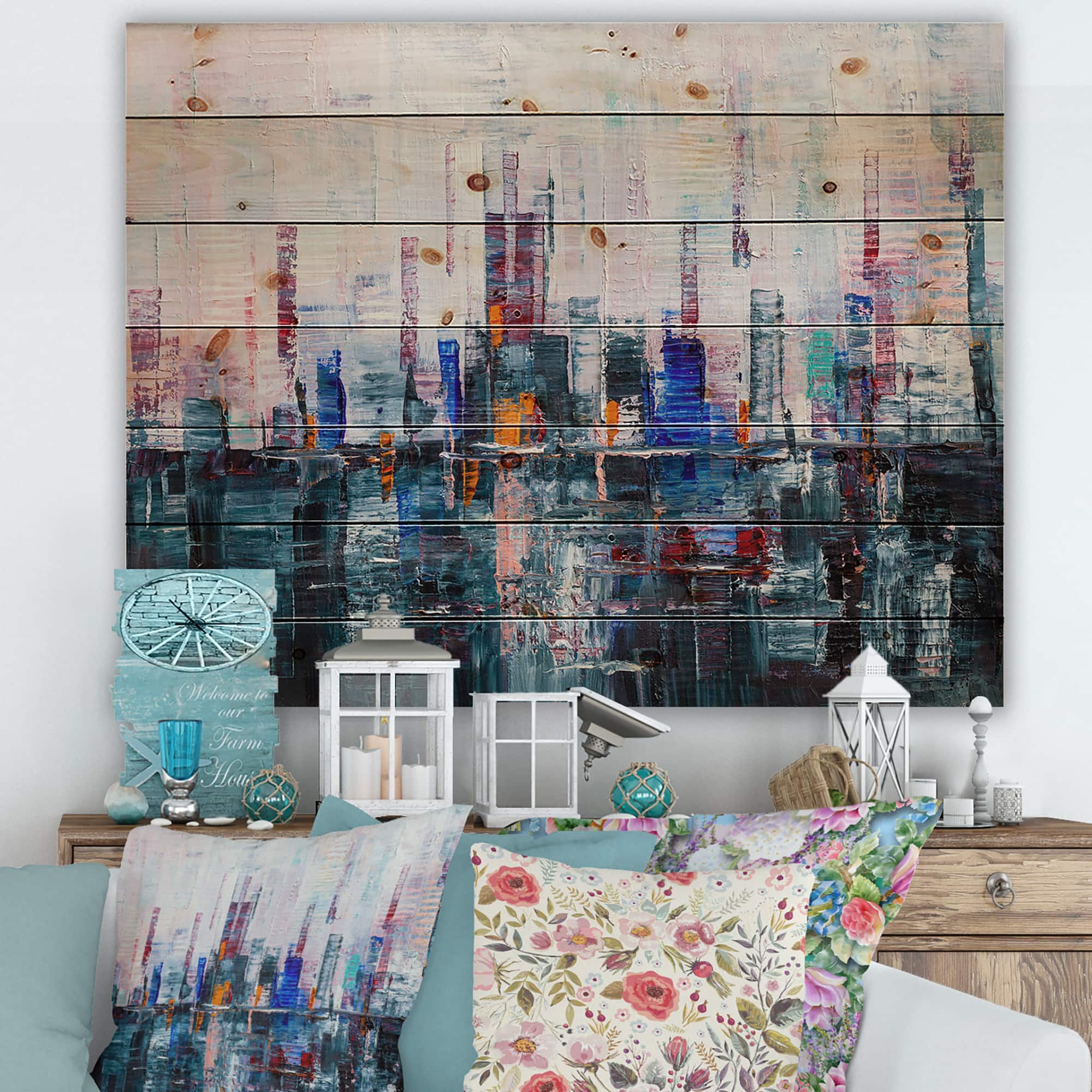 Designart - Modern Abstract City A Wall of Skyscrapers - Modern Print on Natural Pine Wood