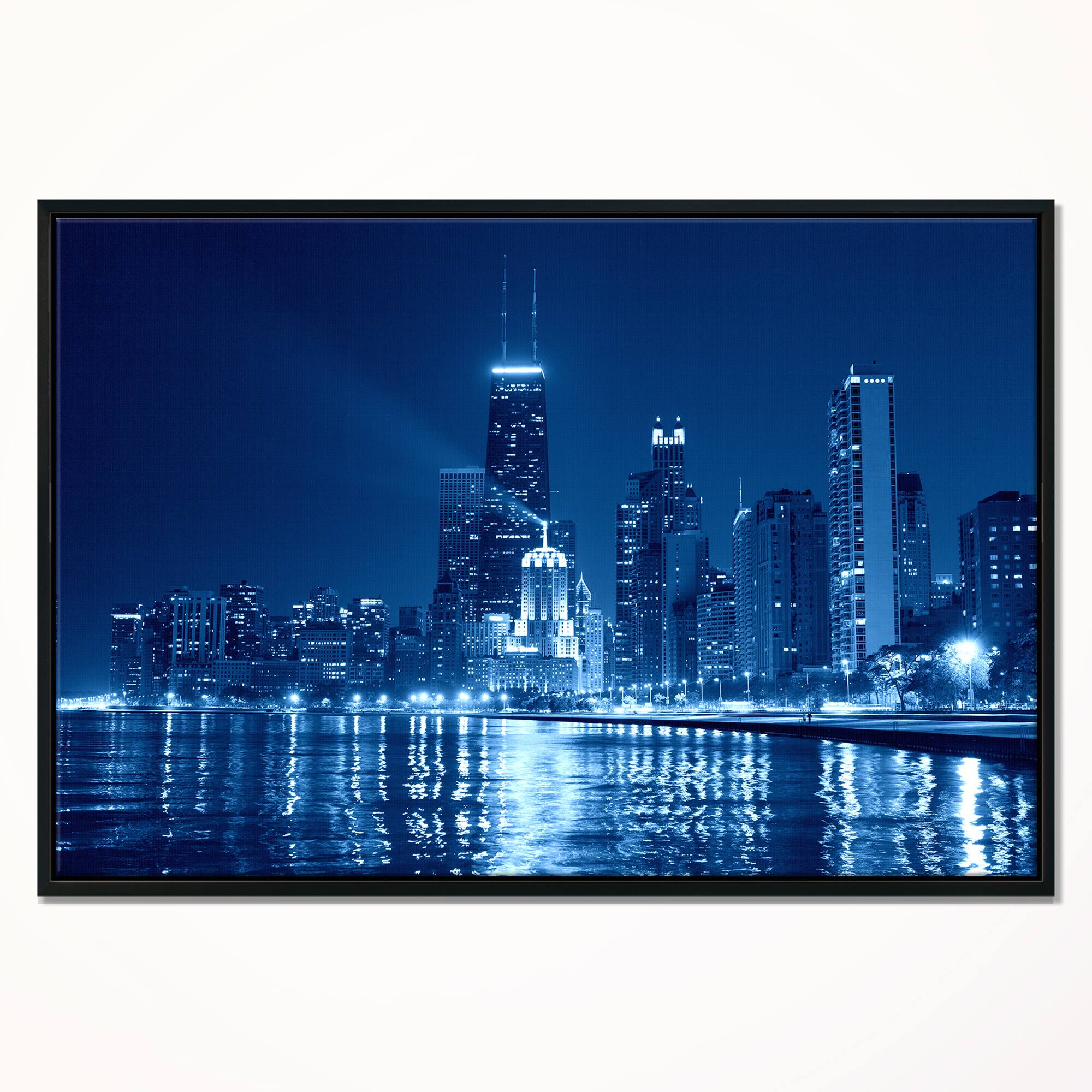 Designart - Blue Chicago Skyline Night - Cityscape Photo Framed Canvas Print