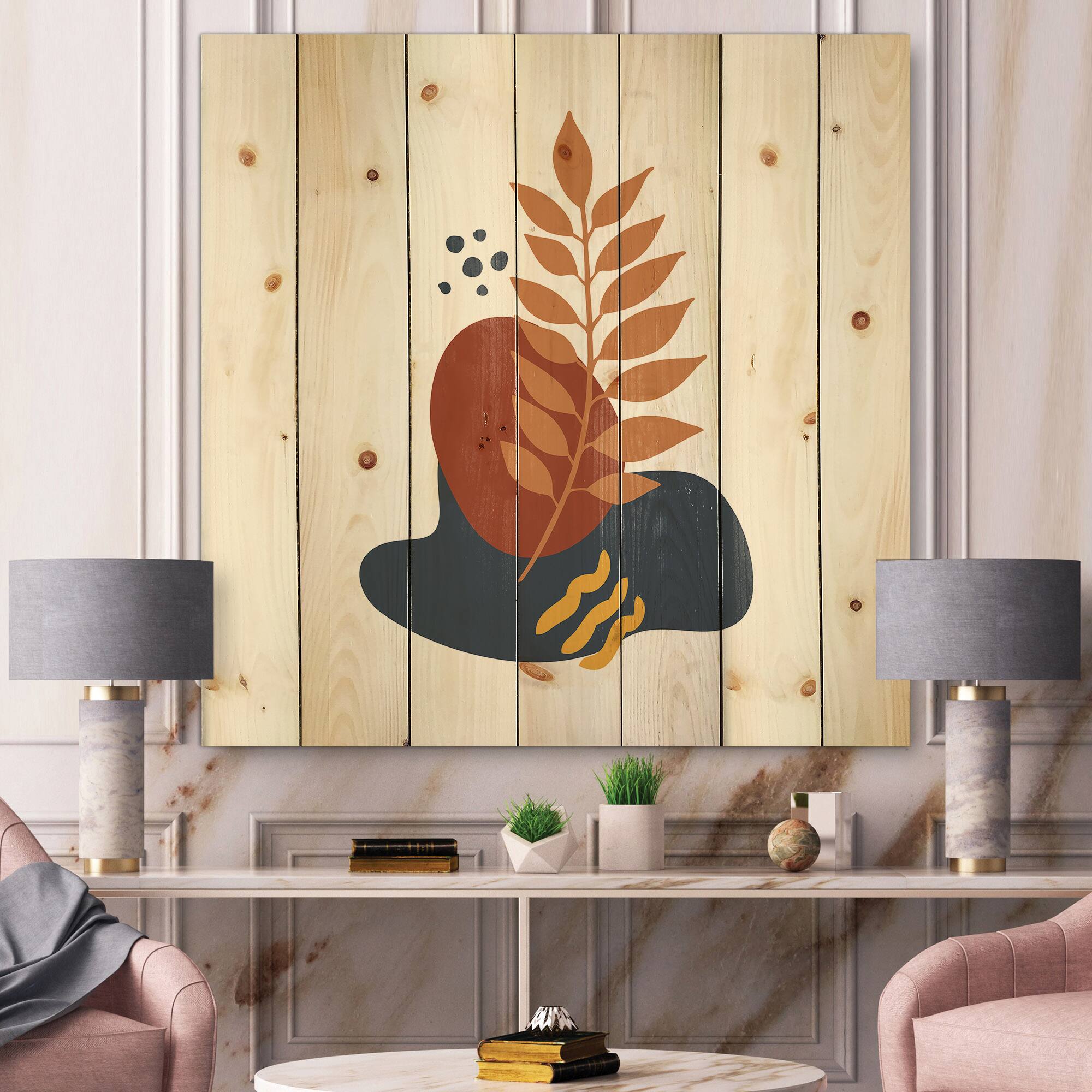 Designart - Abstract Flowers On Minimal Shapes VIII - Modern Print on Natural Pine Wood