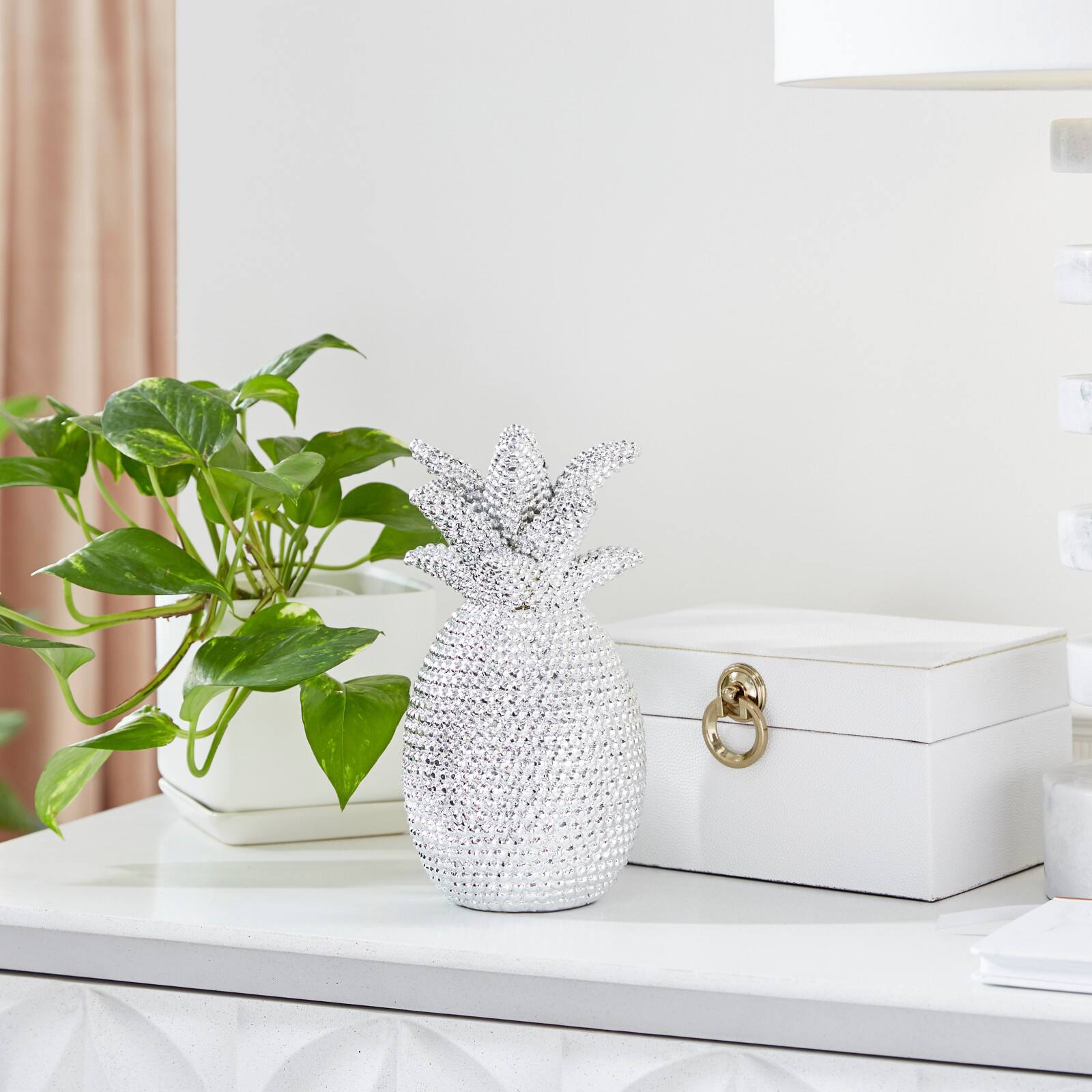 Silver Polystone Glam Pineapple Sculpture, 12" x 6" x 6"