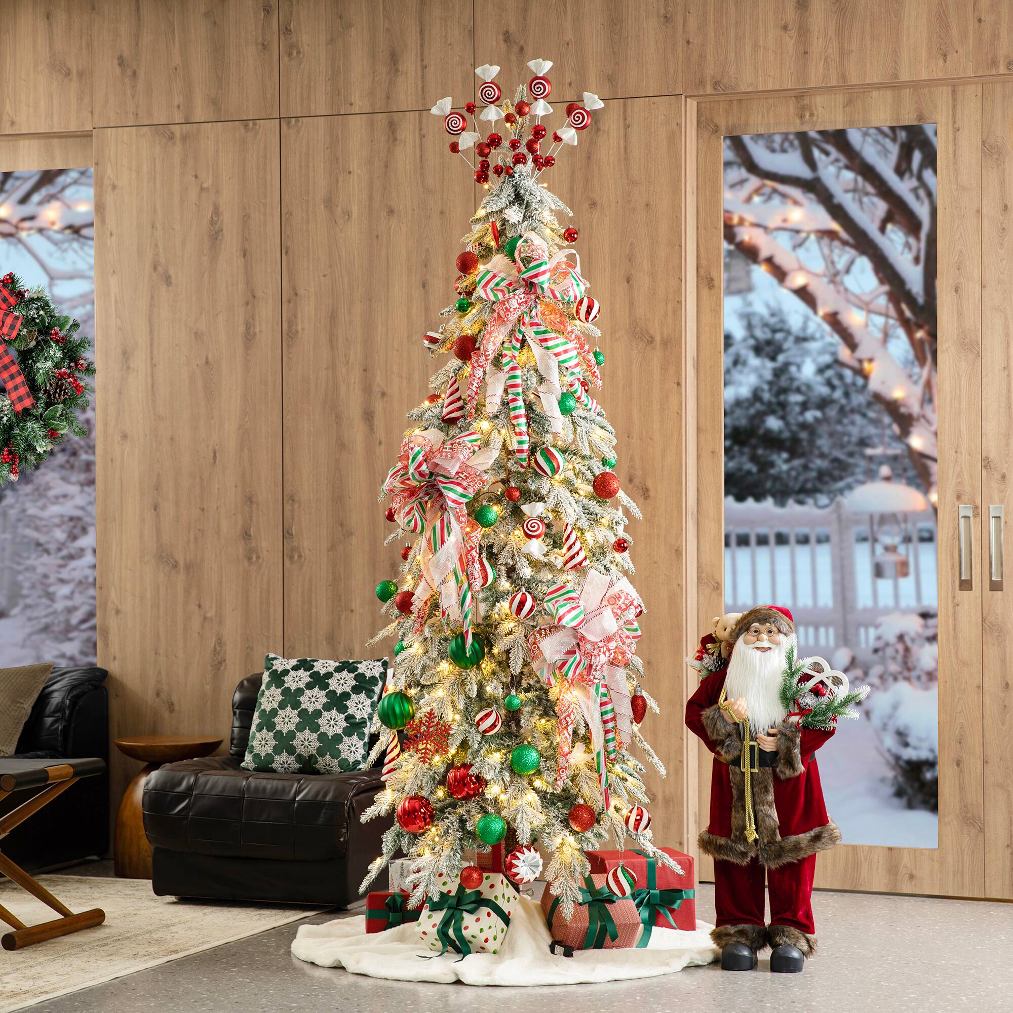 7.5ft. Pre-Lit Flocked Pencil Spruce Christmas Tree Kit with Ornaments, Tree Skirt &#x26; Santa Figurine