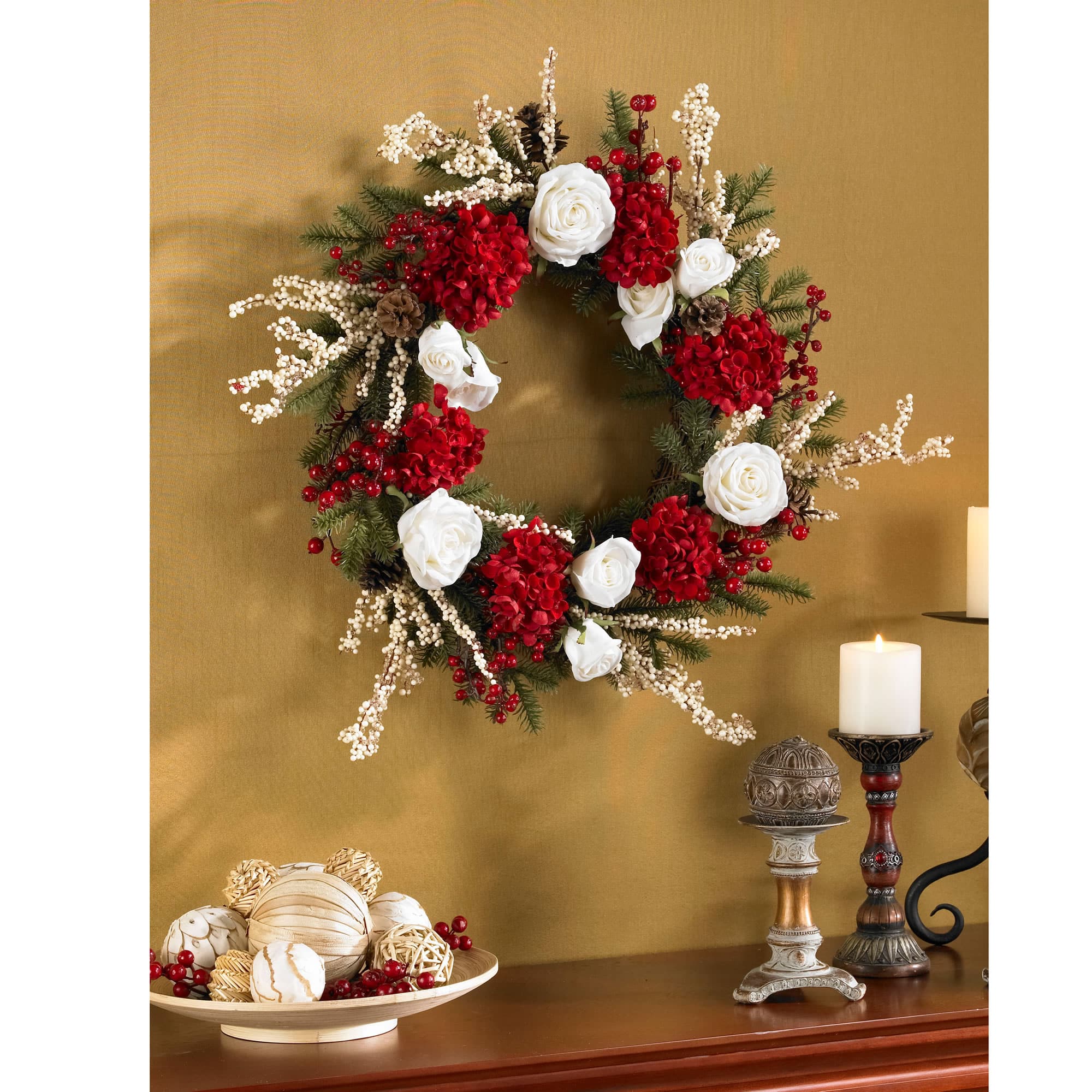 24&#x22; Red Hydrangea with White Roses Wreath