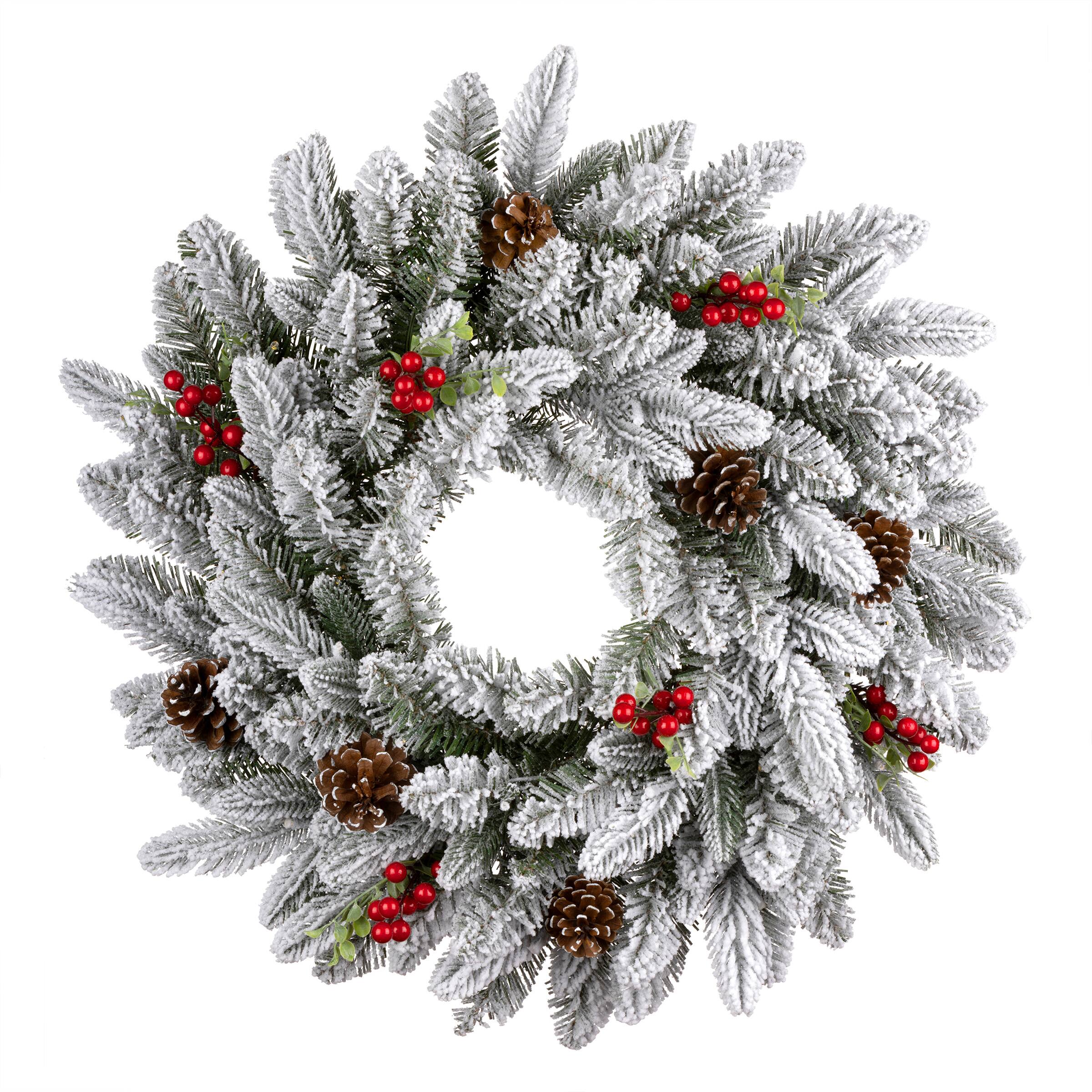 24" Snowberry Warm White LED Pre-Lit Pine Wreath