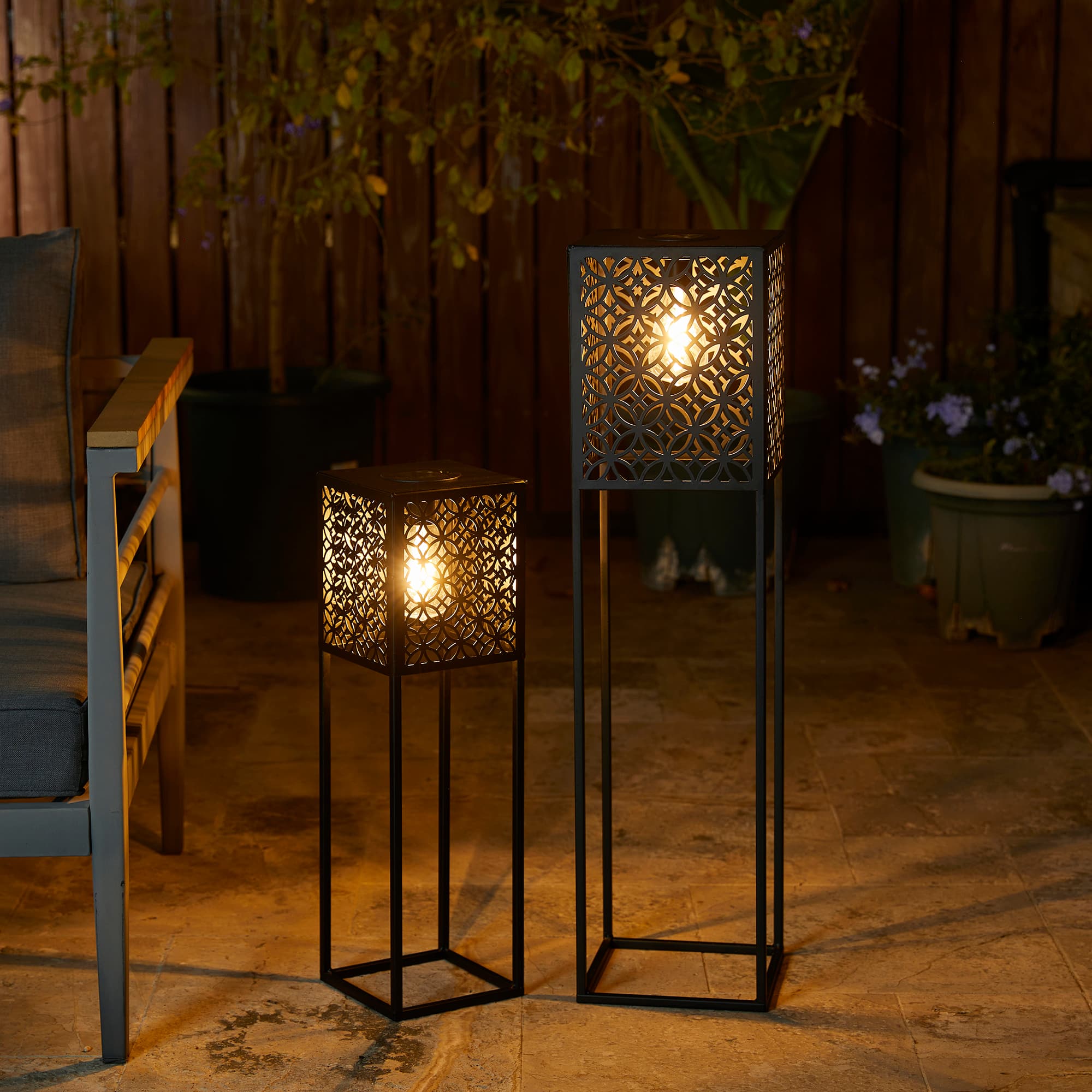 Glitzhome&#xAE; Black Metal Cutout Pattern Solar Powered Outdoor Floor Lanterns Set