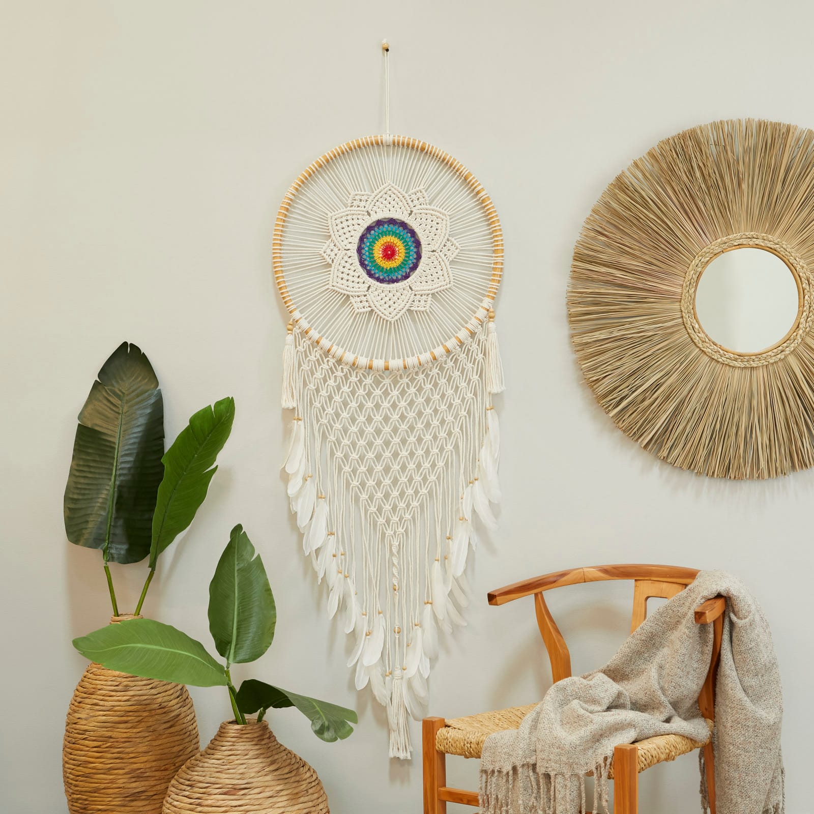 White Cotton Bohemian Dreamcatcher Wall Decor, 21&#x22; x 1&#x22; x 63&#x22;
