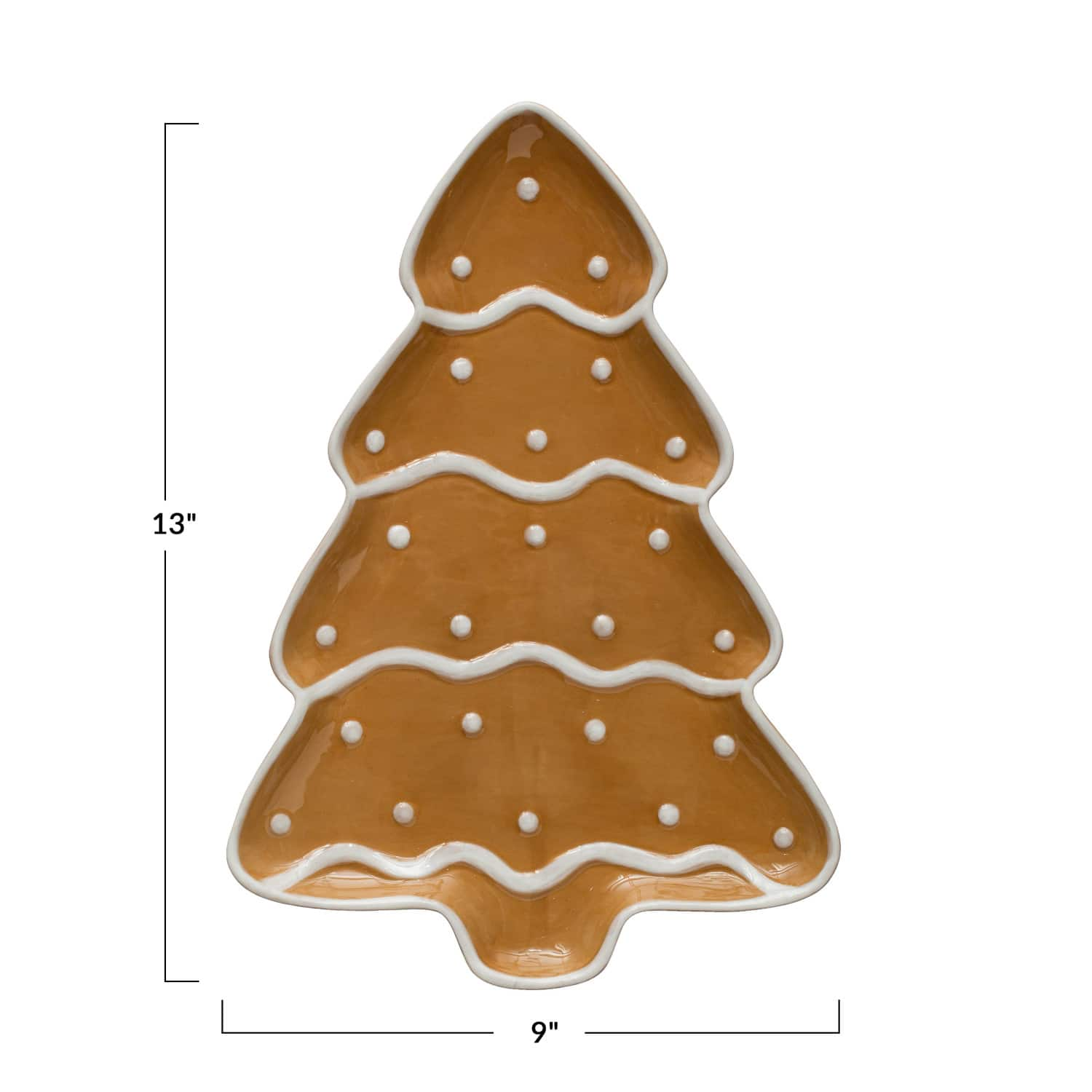 13&#x22; Brown &#x26; White Hand-Painted Ceramic Gingerbread Tree Shaped Platter