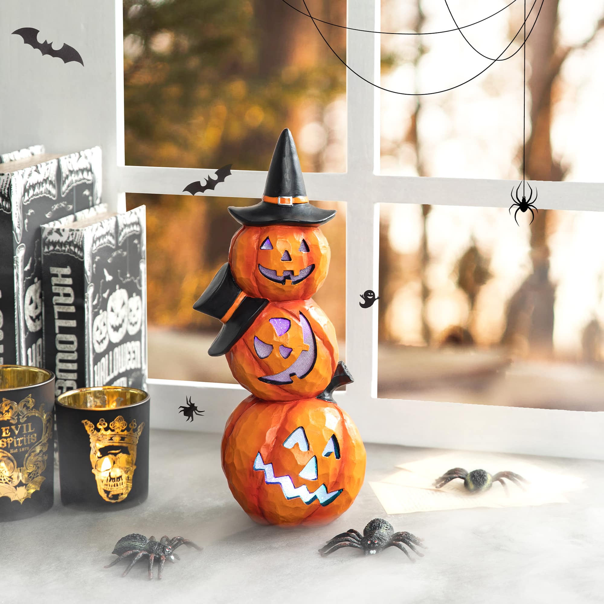 Glitzhome&#xAE; 14&#x22; Lighted Halloween Stacked Resin Pumpkin Table D&#xE9;cor