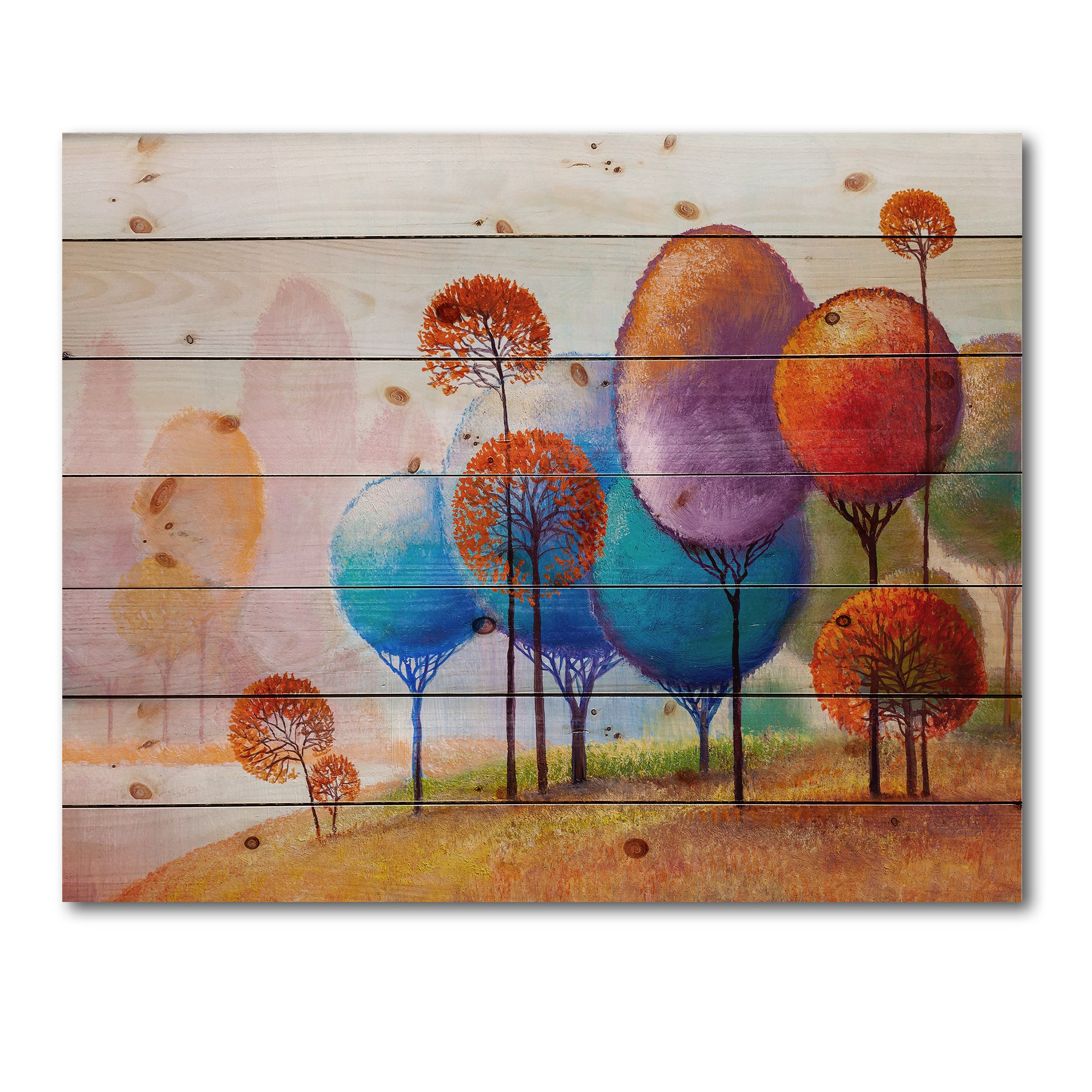 Designart - Colourful Trees Impression III - Traditional Print on Natural Pine Wood