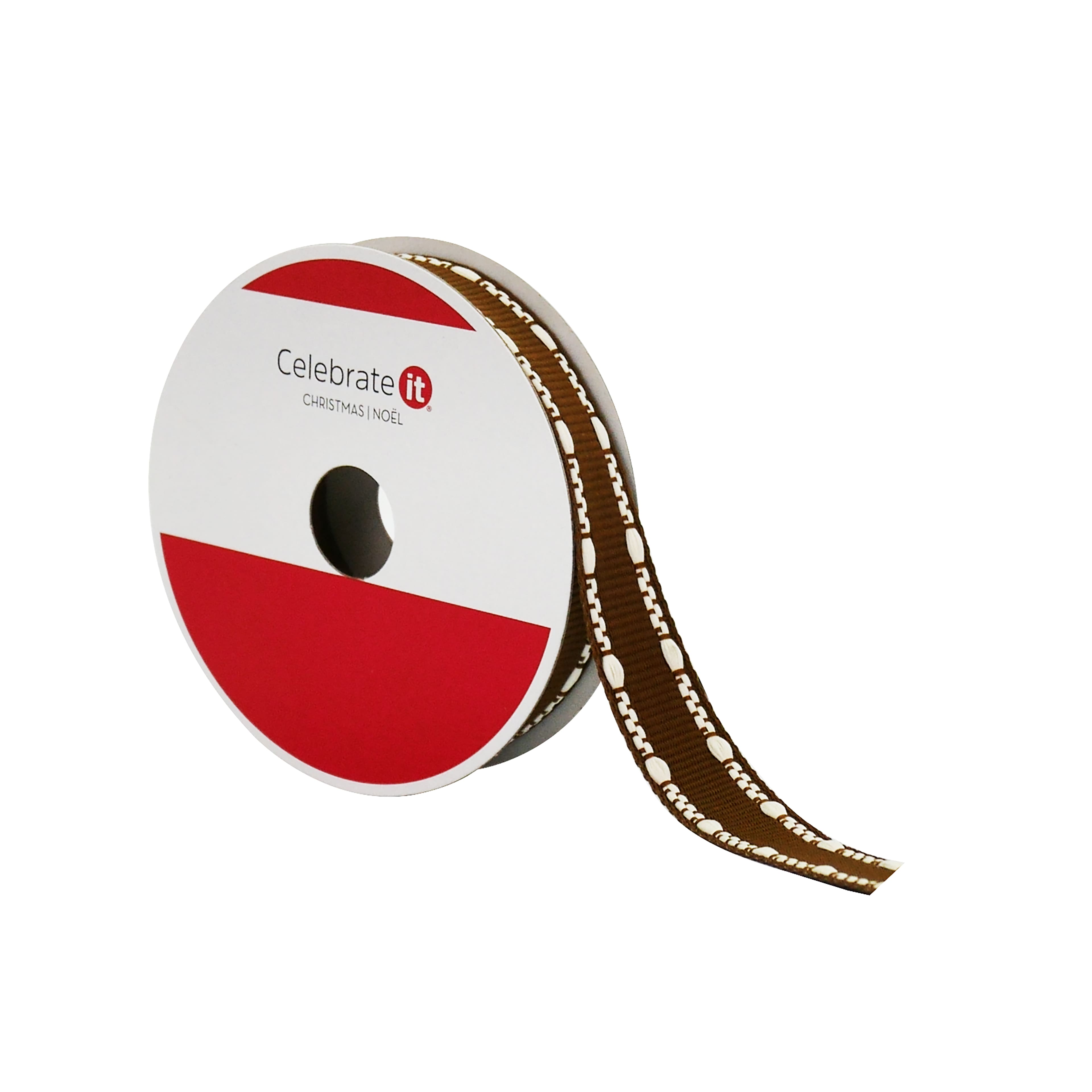 5/8&#x22; x 18ft. Brown &#x26; White Stitch Grosgrain Ribbon by Celebrate It&#xAE;
