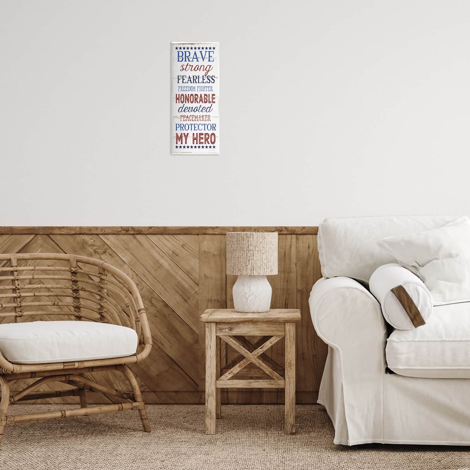 Stupell Industries Brave Strong Fearless Patriotic Stars and Stripes Rustic Wood Look Sign Wall Plaque Art