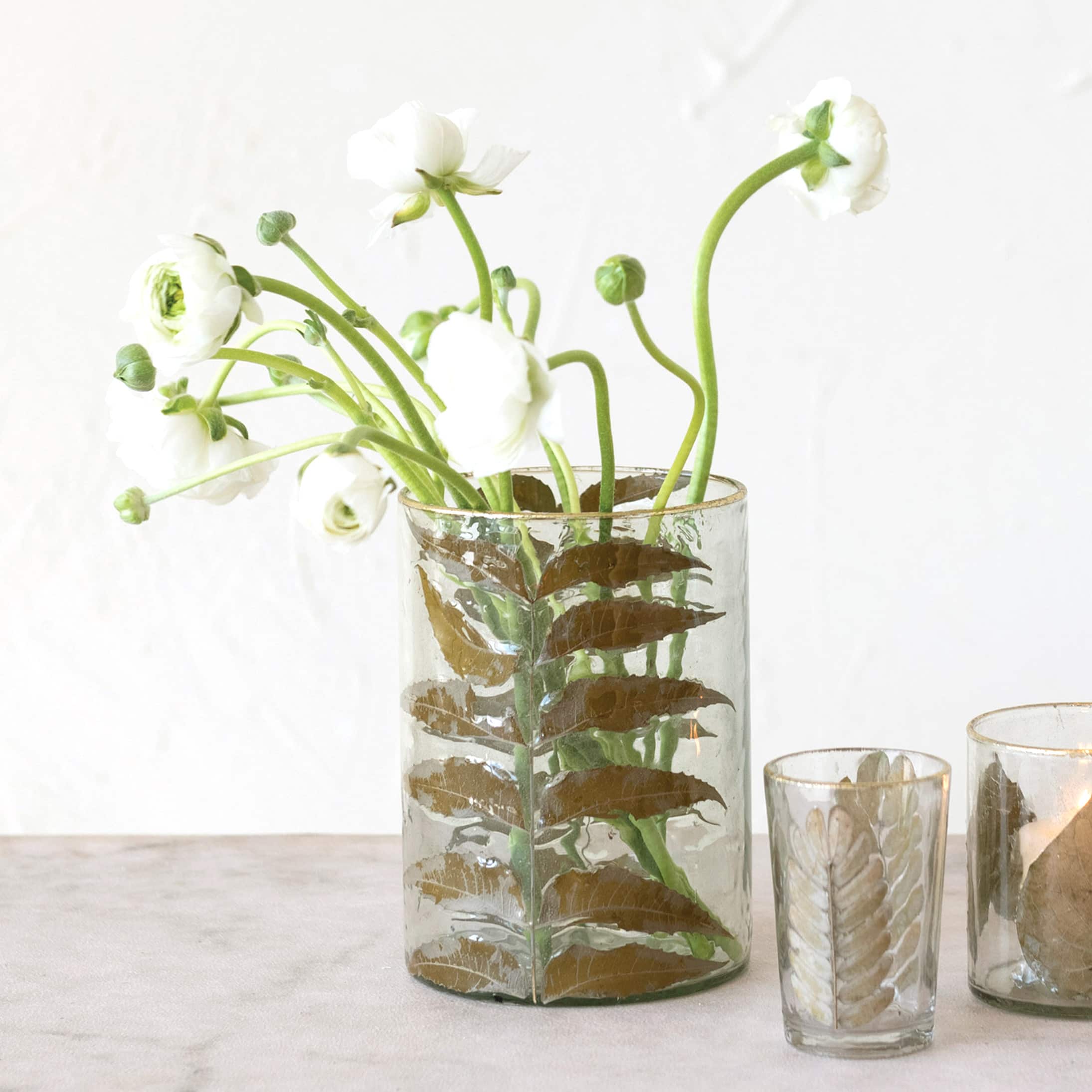 Hello Honey&#xAE; 6.5&#x22; Embedded Neem Leaves &#x26; Foil Edge Handblown Glass Hurricane