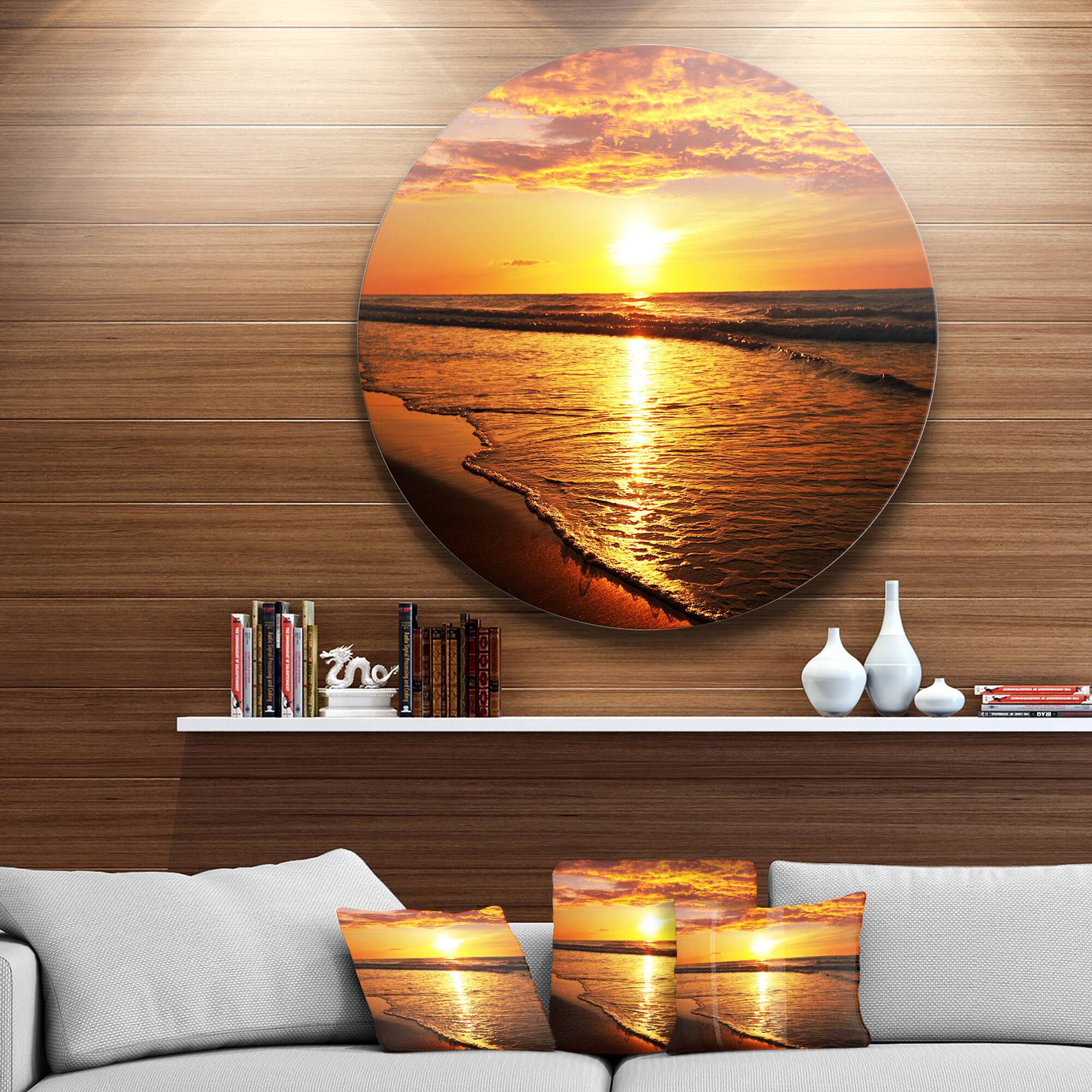 Designart - Bright Yellow Sunset over Waves' Beach Metal Circle Wall Art