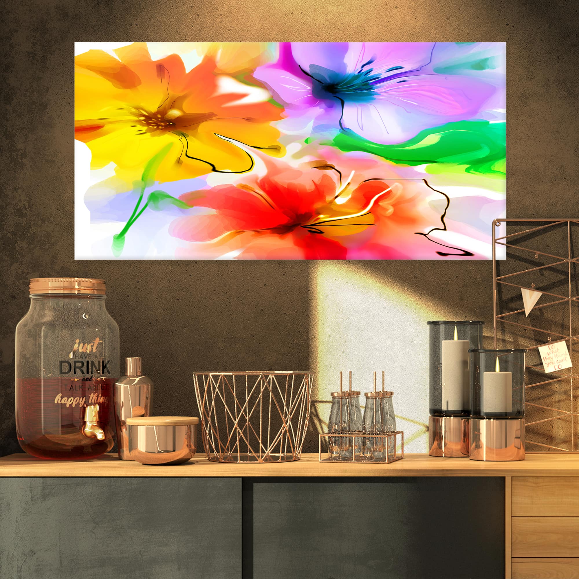 Designart - Bunch of Colorful Flowers Sketch - Extra Large Floral Wall Art