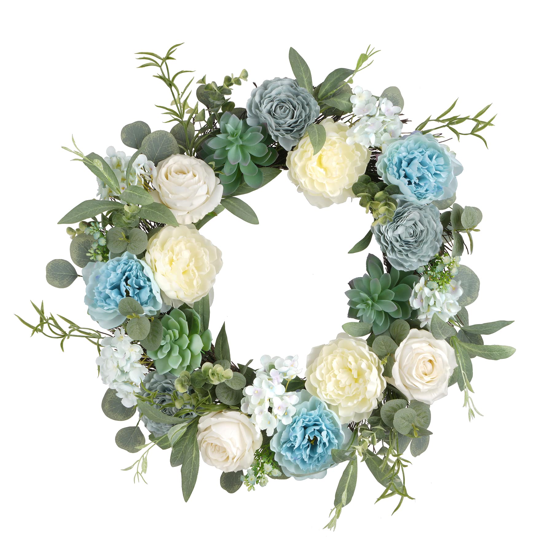 24&#x22; White &#x26; Blue Rose, Hydrangea &#x26; Succulent Wreath by Ashland&#xAE;