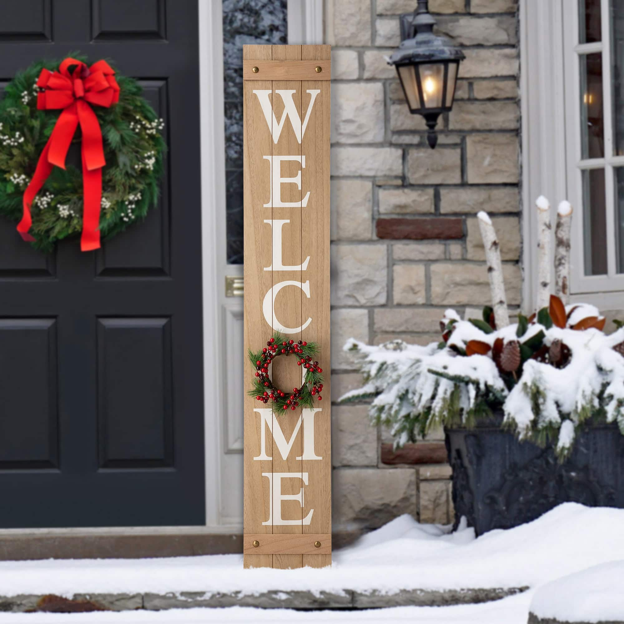 Glitzhome&#xAE; 5ft. Brown Welcome Wood Porch Sign with 4 Changeable Wreaths