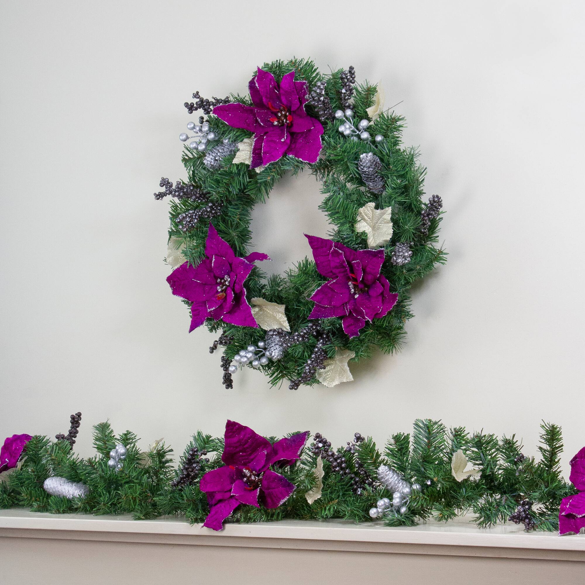 Two-Tone Pine with Purple Poinsettias Berries & Pine Cones Garland, Unlit