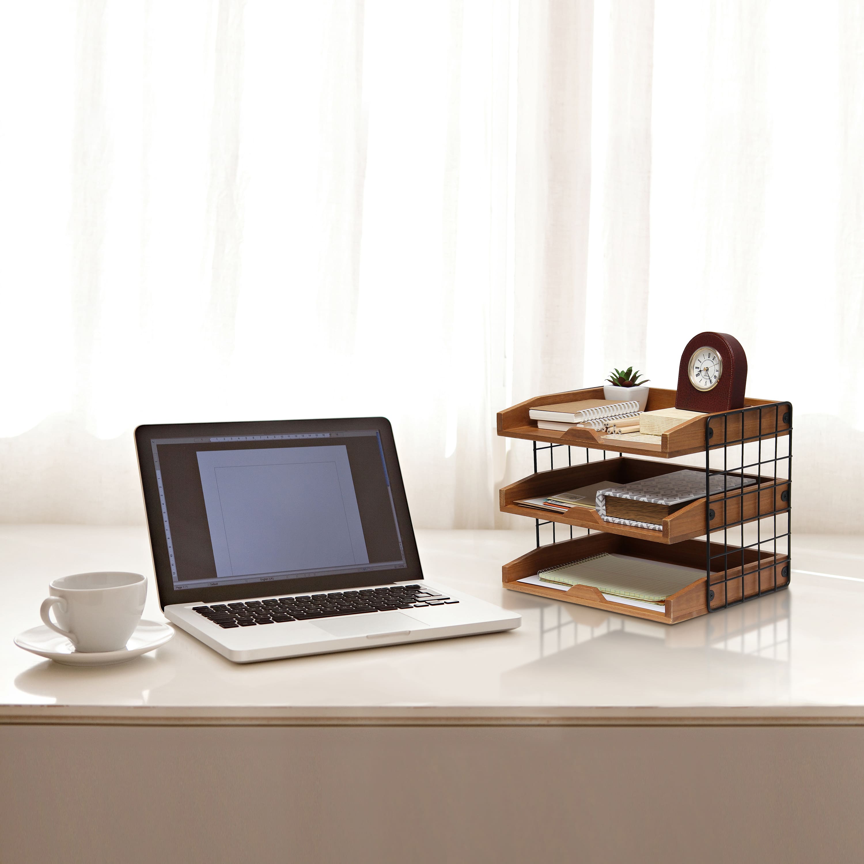 Elegant Designs Natural Wood Desk Organizer Letter Tray with 3 Shelves