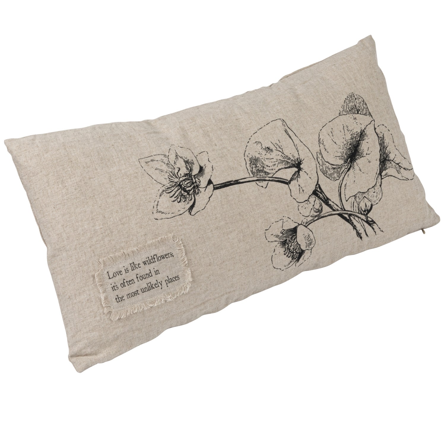 Hello Honey&#xAE; Natural &#x26; Black Text, Flowers &#x26; Bird Designs Linen Blend Lumbar Pillow