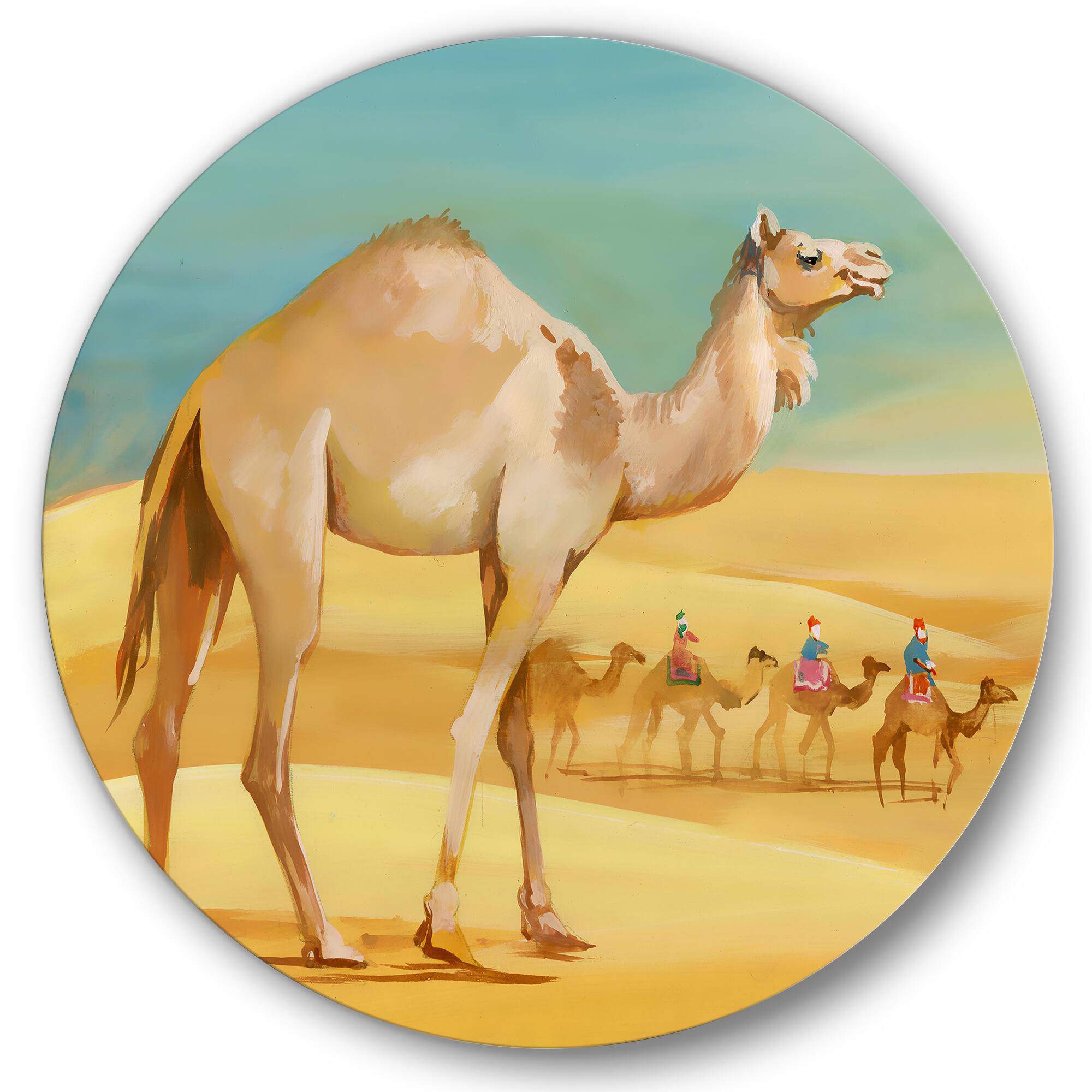Designart - Camels In Desert - Farmhouse Metal Circle Wall Art