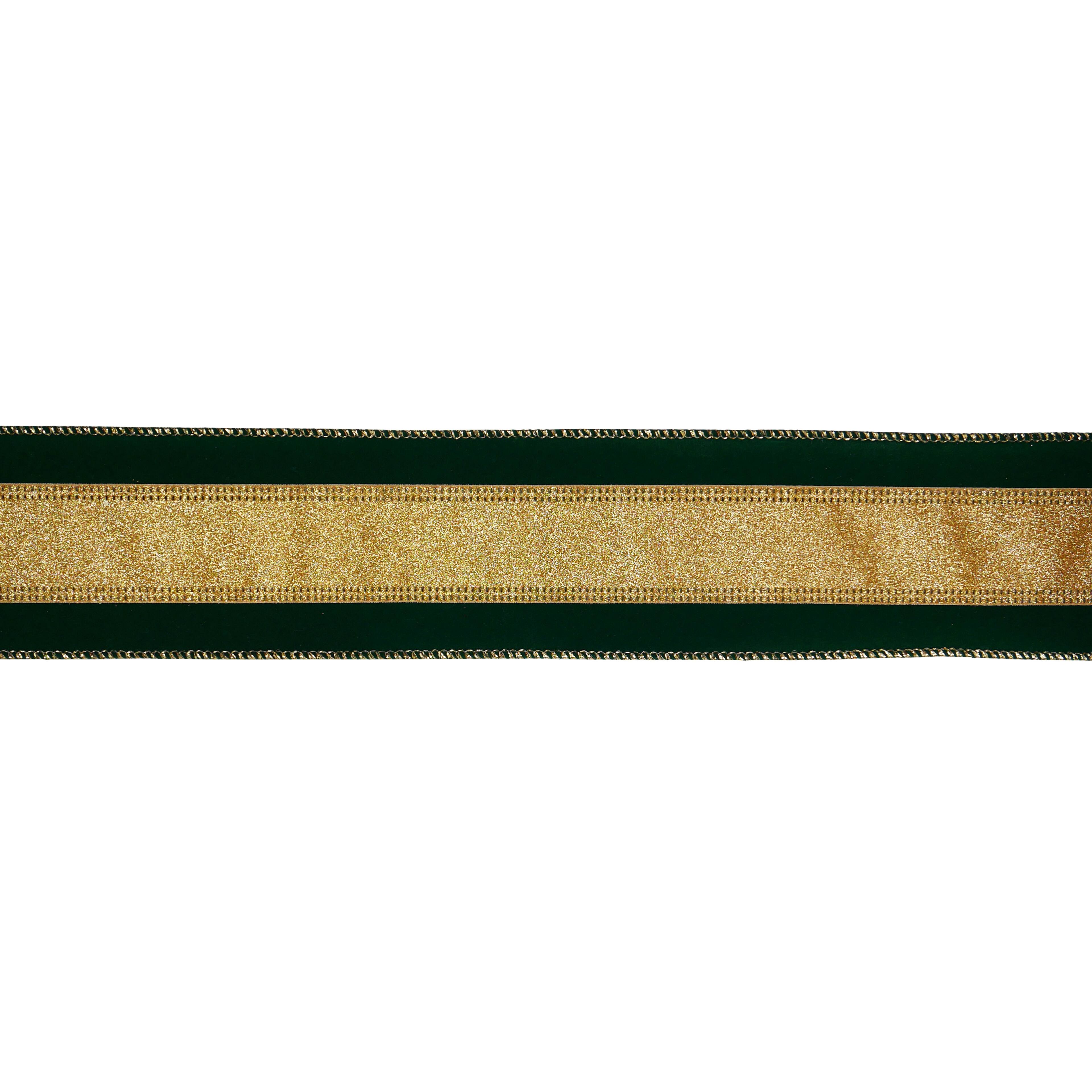 2.5&#x22; x 20ft. Green with Gold Stripe Wired Ribbon by Celebrate It&#xAE;