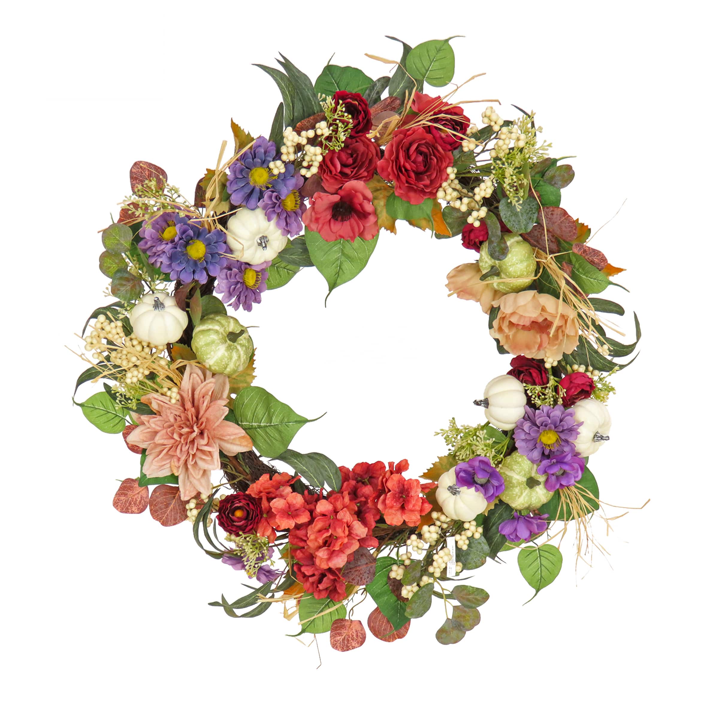 30" Harvest Serenity Mixed Flower & Pumpkin Wreath