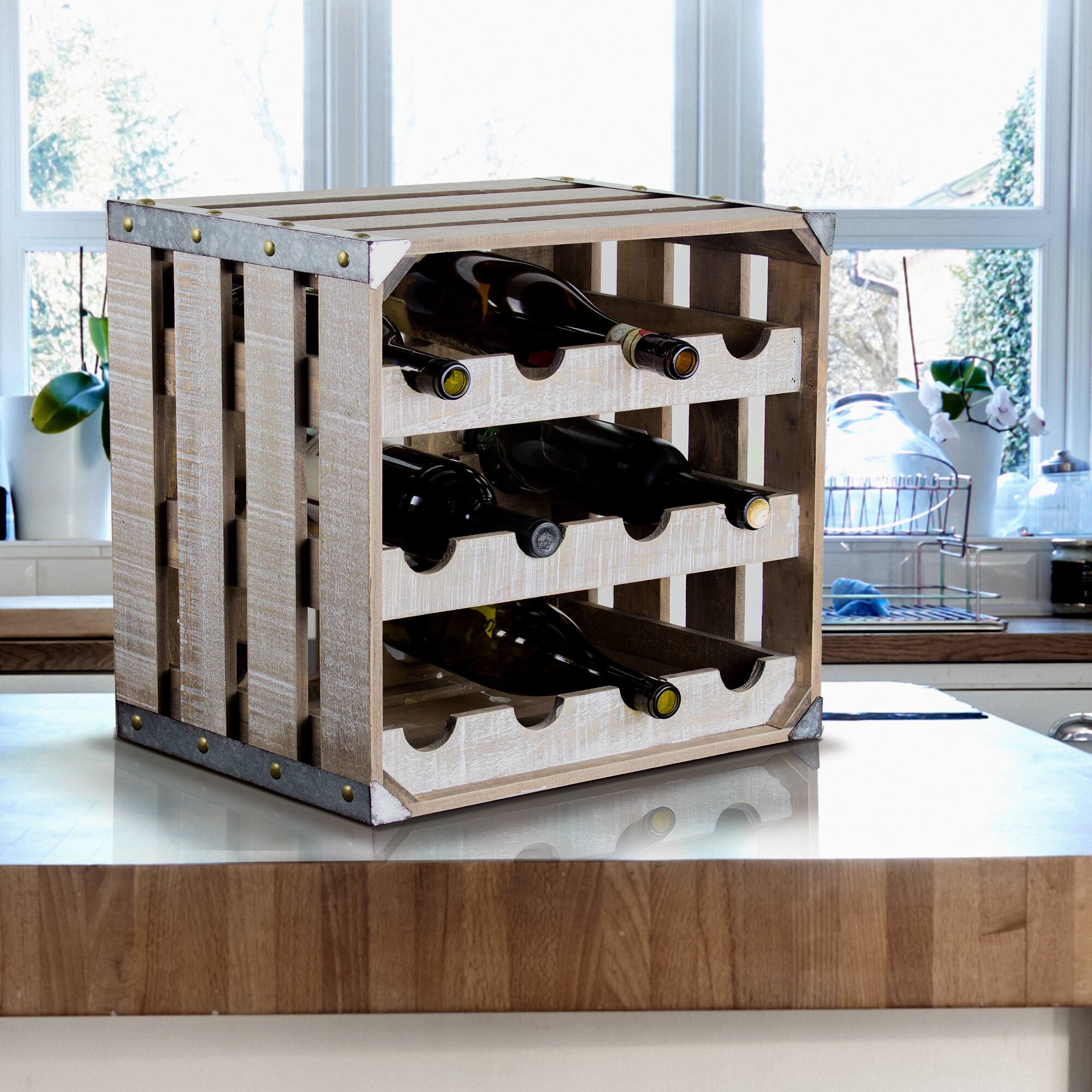 12&#x22; Whitewashed Rustic Wooden Wine Rack