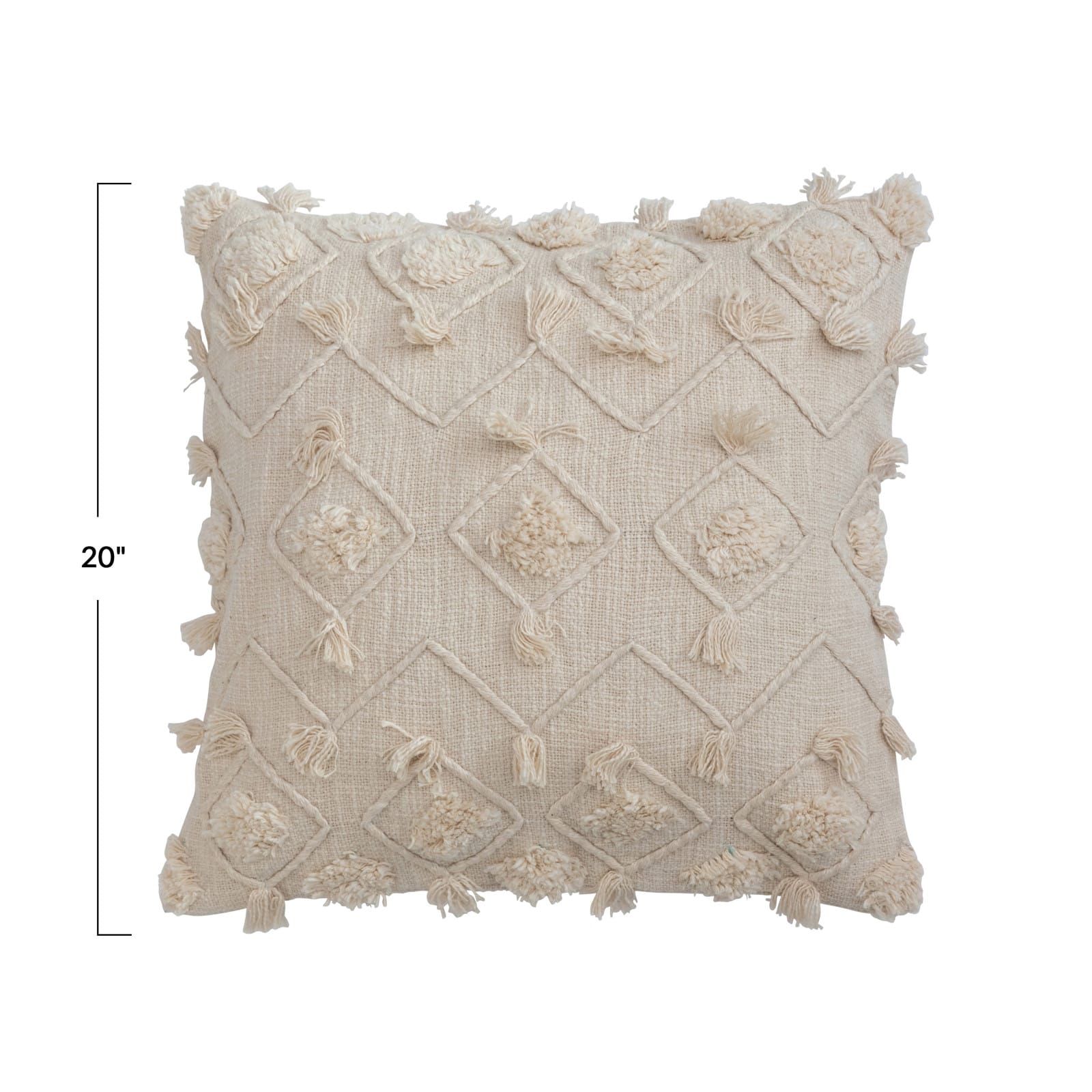 Cream Tufting &#x26; Fringe Diamond Embroidery Cotton Slub Pillow Cover
