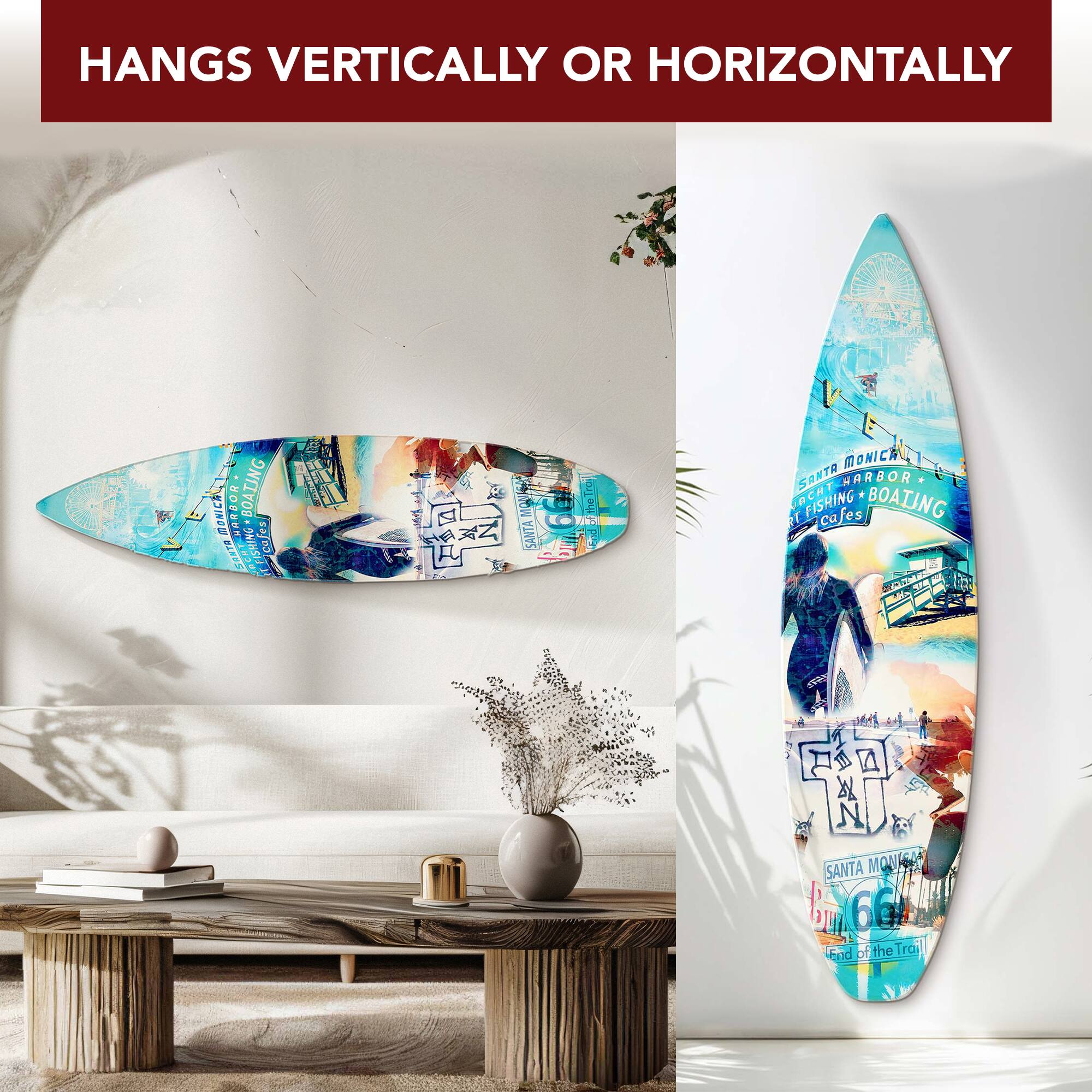 American Art Decor Dogtown Collage Surfboard Plaque Wall Sign - 15" x 59.625"