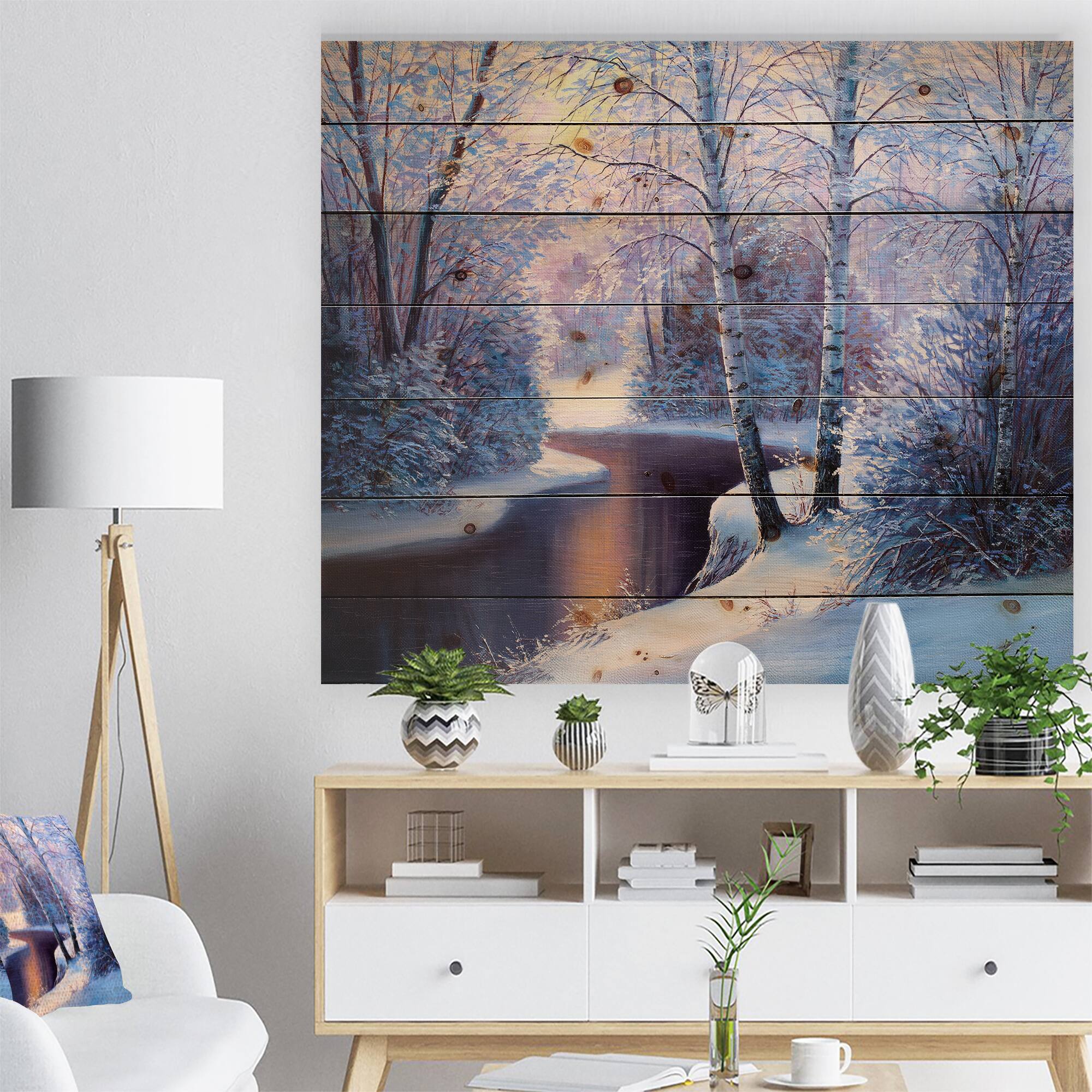 Designart - Winter Forest in River Sunset - Landscapes Painting Print on Natural Pine Wood