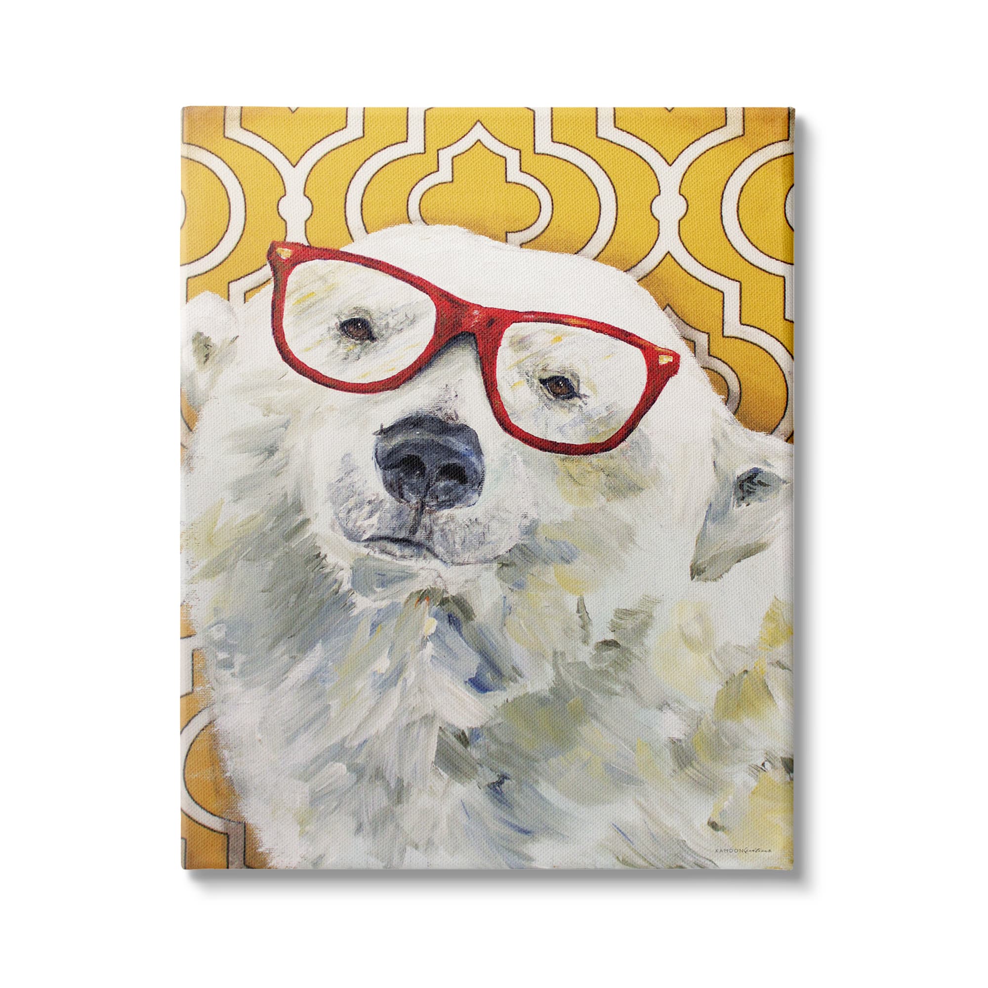 Stupell Industries Polar Bear Red Glasses Bold Yellow Geometric Pattern Canvas Wall Art