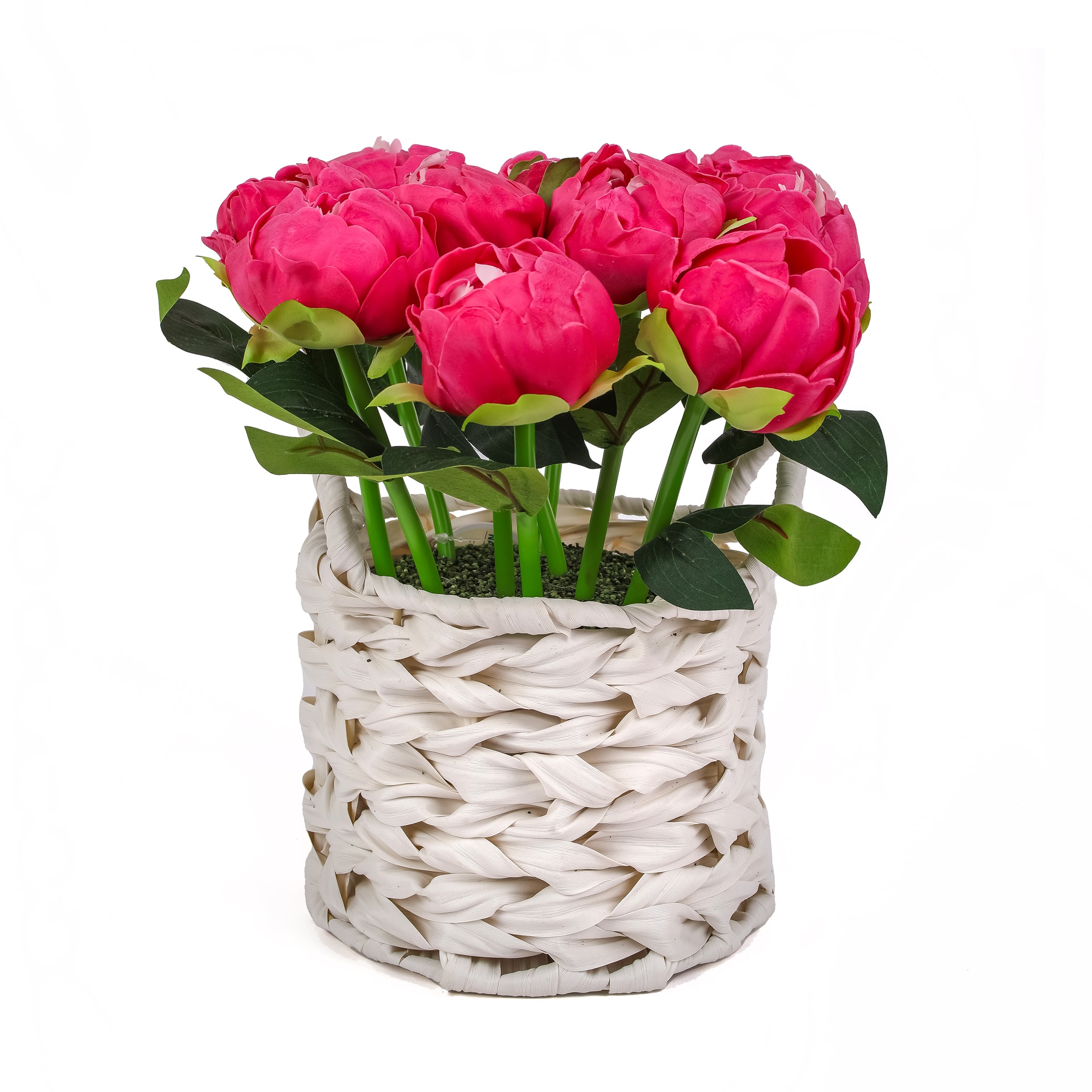 10" Peony Flower Bouquet In White Basket