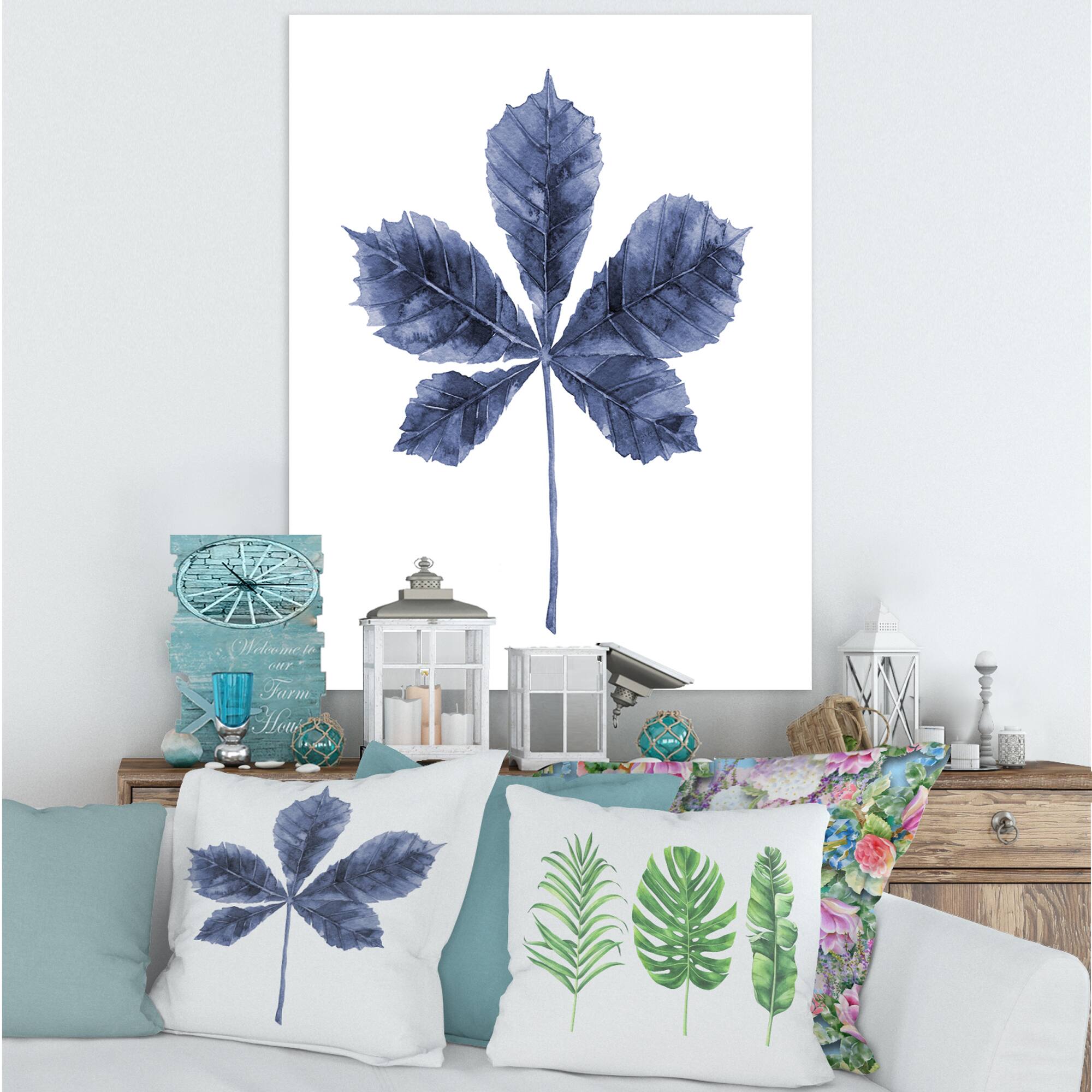 Designart - Navy Blue Chestnut Leaf - Traditional Canvas Wall Art Print