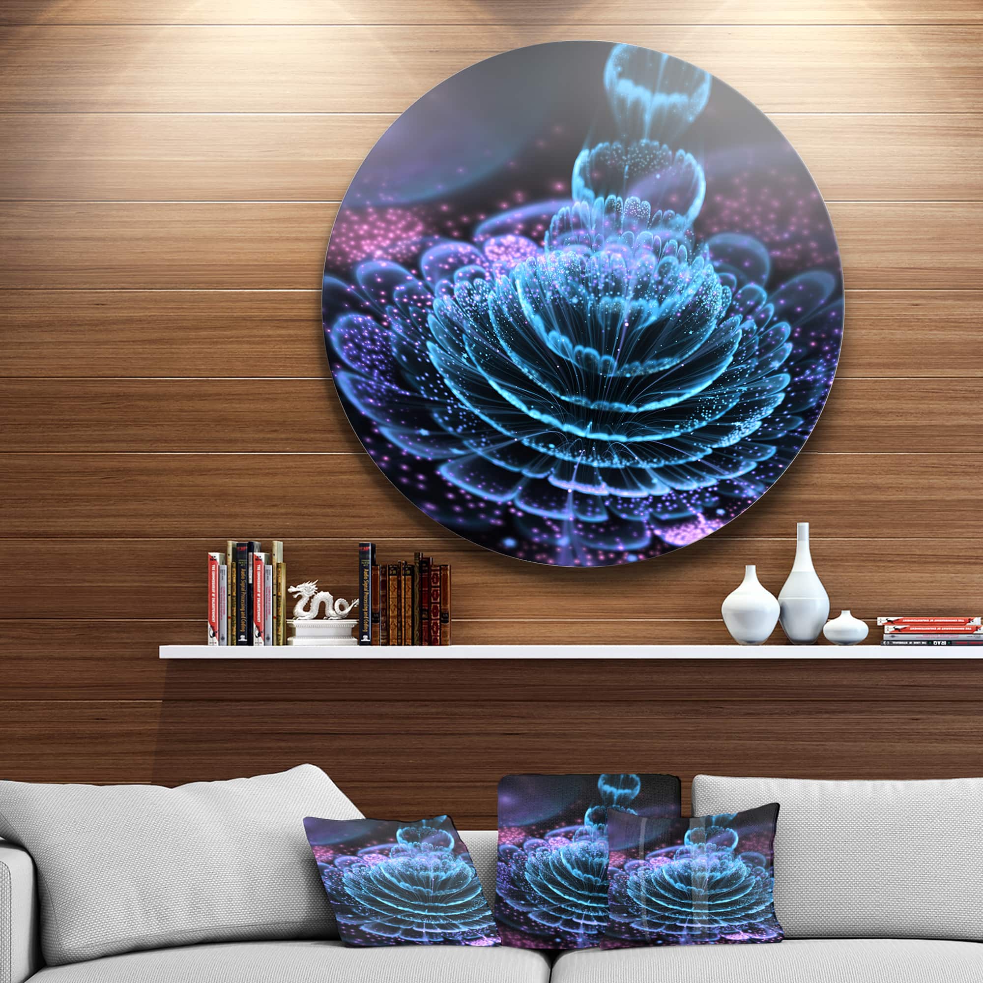 Designart - Glossy Blue Purple Fractal Flower&#x27; Large Floral Metal Circle Wall Art