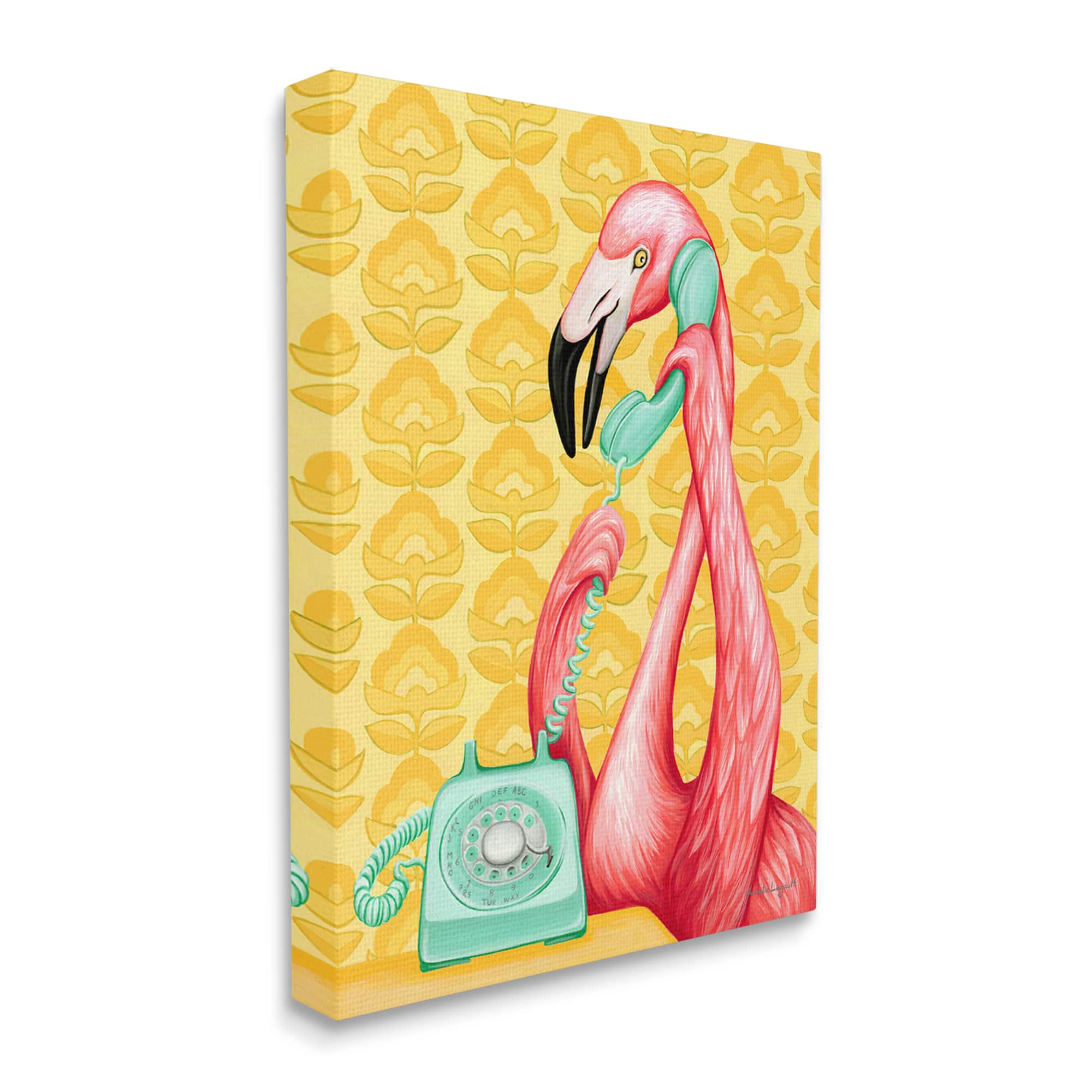 Stupell Industries Flamingo Calling Dial Telephone Groovy Flowers Canvas Wall Art
