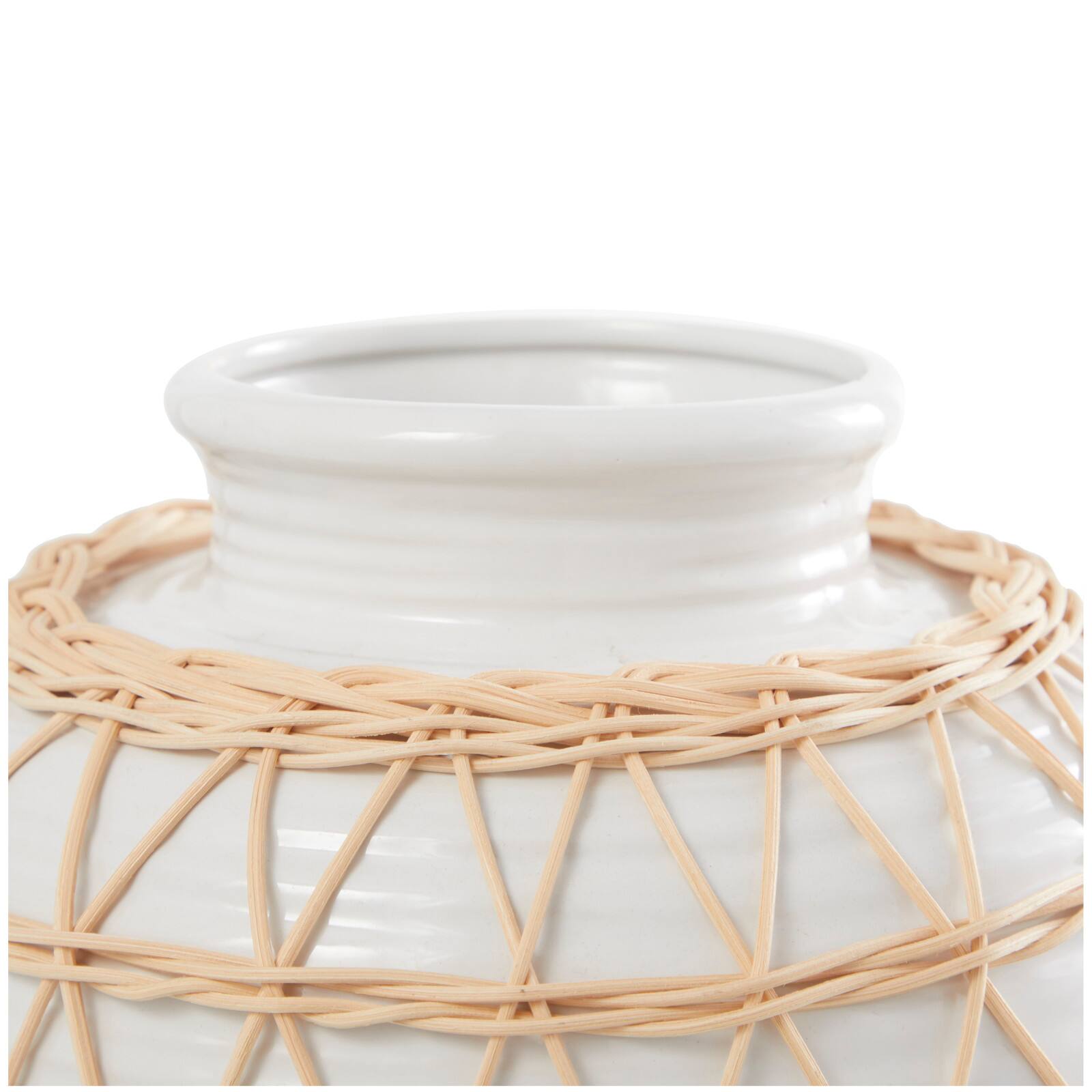 14" White Ceramic Handmade Vase with Woven Rattan Exterior