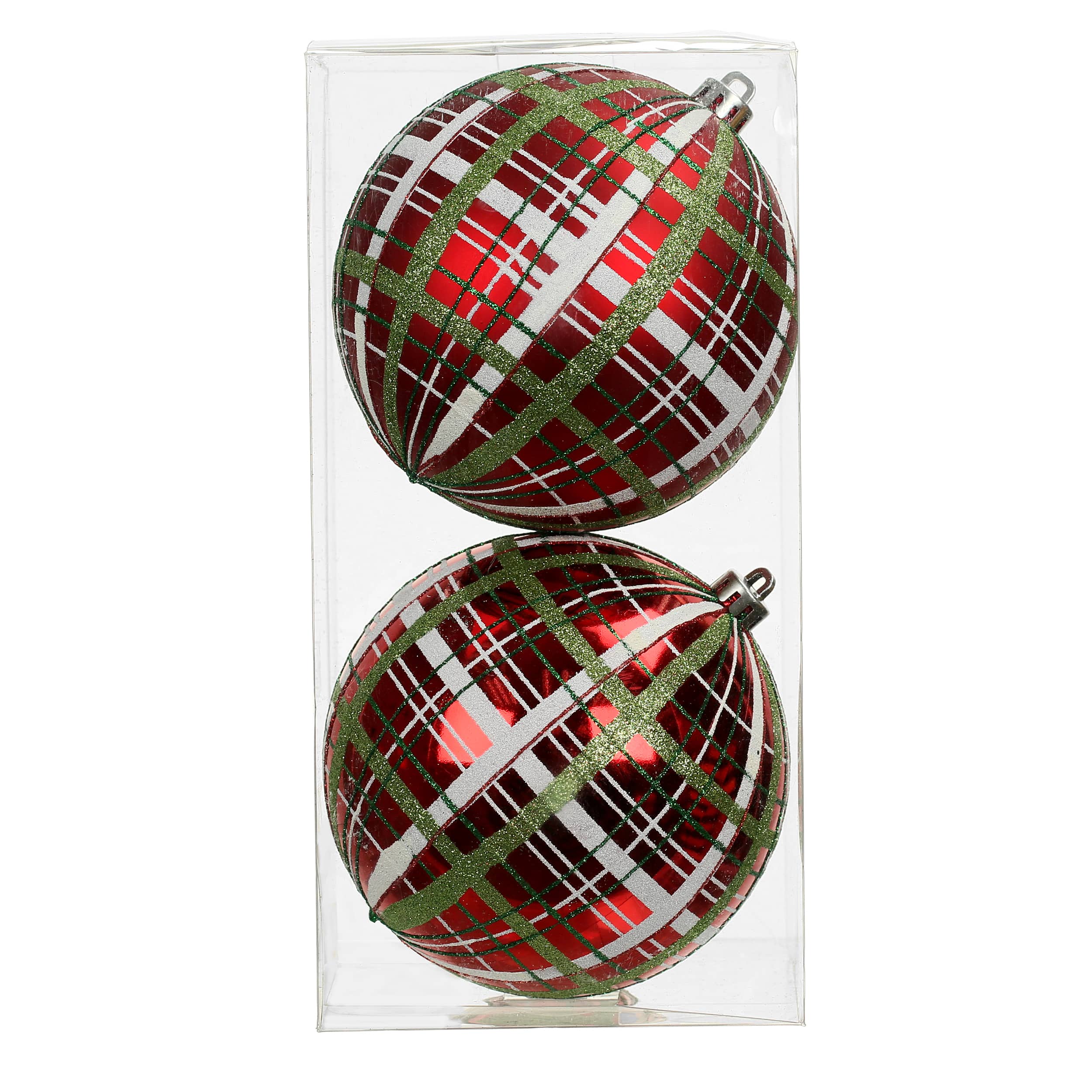 2 Pack 4.7&#x22; Red, Green &#x26; White Plaid Shatterproof Ball Ornaments by Ashland&#xAE;