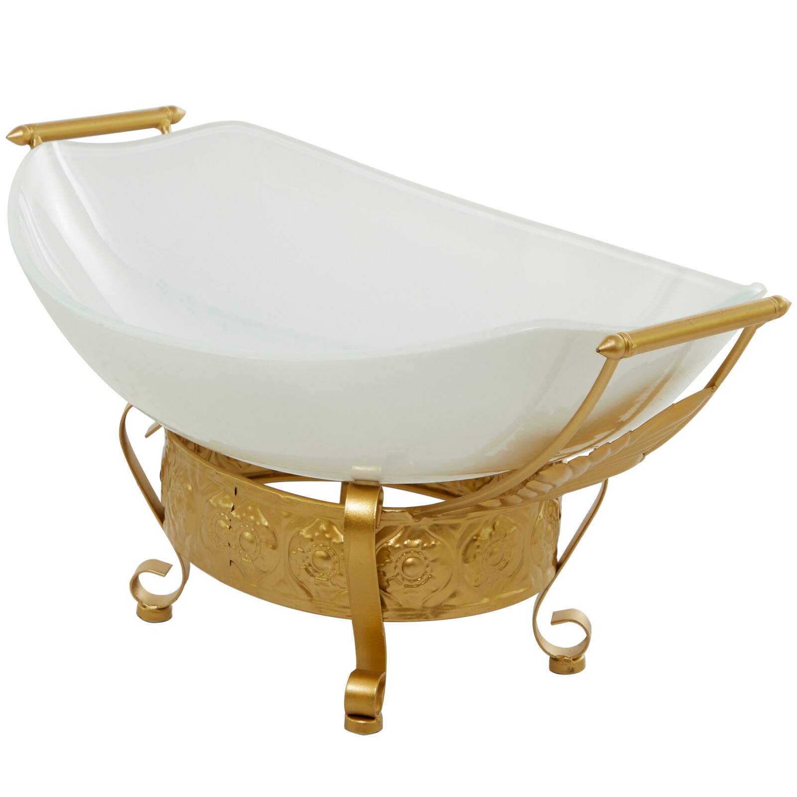 CosmoLiving by Cosmopolitan 24" White Glass Kitchen Serving Bowl with Gold Metal Scroll Stand