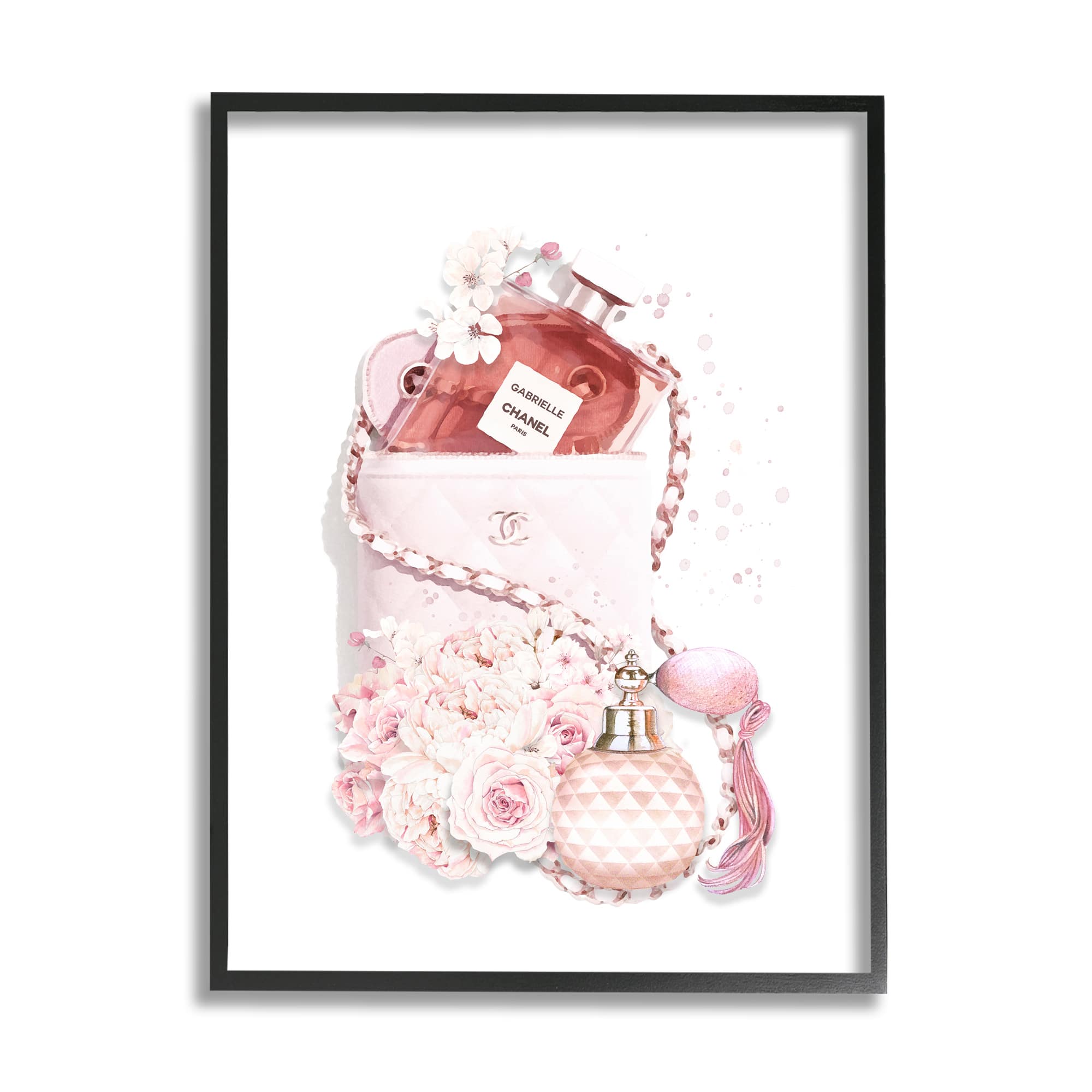 Stupell Industries Pink Designer Bag with Chic Florals Paint Splatter in Black Frame Wall Art